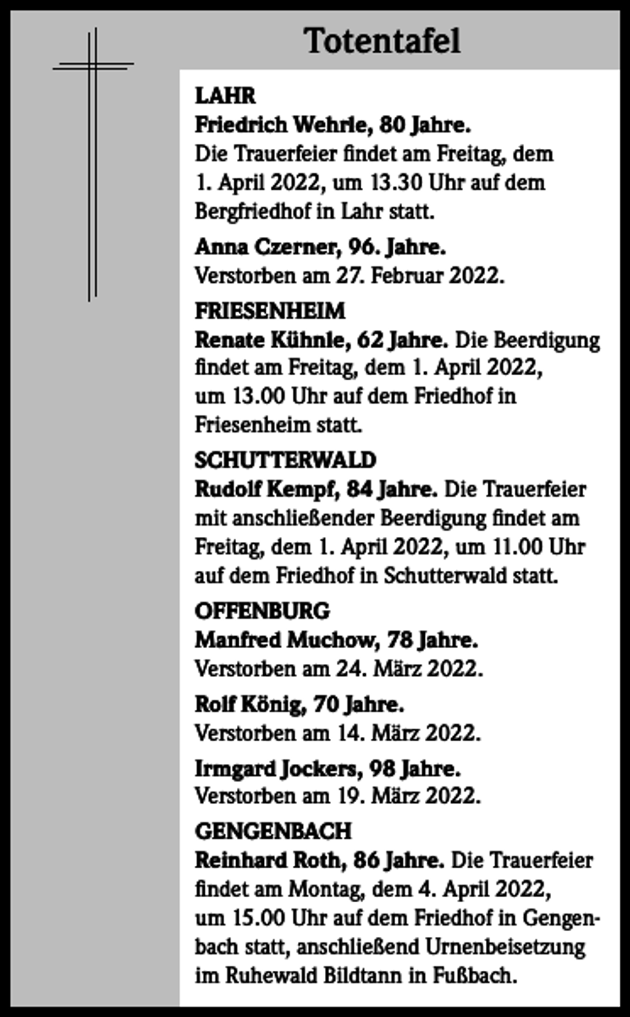 <p>Totentafel<br />Totentafel<br />LAHR<br />Friedrich Wehrle, 80 Jahre.<br />Die Trauerfeier findet am Freitag, dem<br />1. April 2022, um 13.30 Uhr auf dem<br />Bergfriedhof in Lahr statt.<br />Anna Czerner, 96. Jahre.<br />Verstorben am 27. Februar 2022.<br />FRIESENHEIM<br />Renate Kühnle, 62 Jahre. Die Beerdigung<br />findet am Freitag, dem 1. April 2022,<br />um 13.00 Uhr auf dem Friedhof in<br />Friesenheim statt.<br />SCHUTTERWALD<br />Rudolf Kempf, 84 Jahre. Die Trauerfeier<br />mit anschließender Beerdigung findet am<br />Freitag, dem 1. April 2022, um 11.00 Uhr<br />auf dem Friedhof in Schutterwald statt.<br />OFFENBURG<br />Manfred Muchow, 78 Jahre.<br />Verstorben am 24. März 2022.<br />Rolf König, 70 Jahre.<br />Verstorben am 14. März 2022.<br />Irmgard Jockers, 98 Jahre.<br />Verstorben am 19. März 2022.<br />GENGENBACH<br />Reinhard Roth, 86 Jahre. Die Trauerfeier<br />findet am Montag, dem 4. April 2022,<br />um 15.00 Uhr auf dem Friedhof in Gengenbach statt, anschließend Urnenbeisetzung<br />im Ruhewald Bildtann in Fußbach.</p>