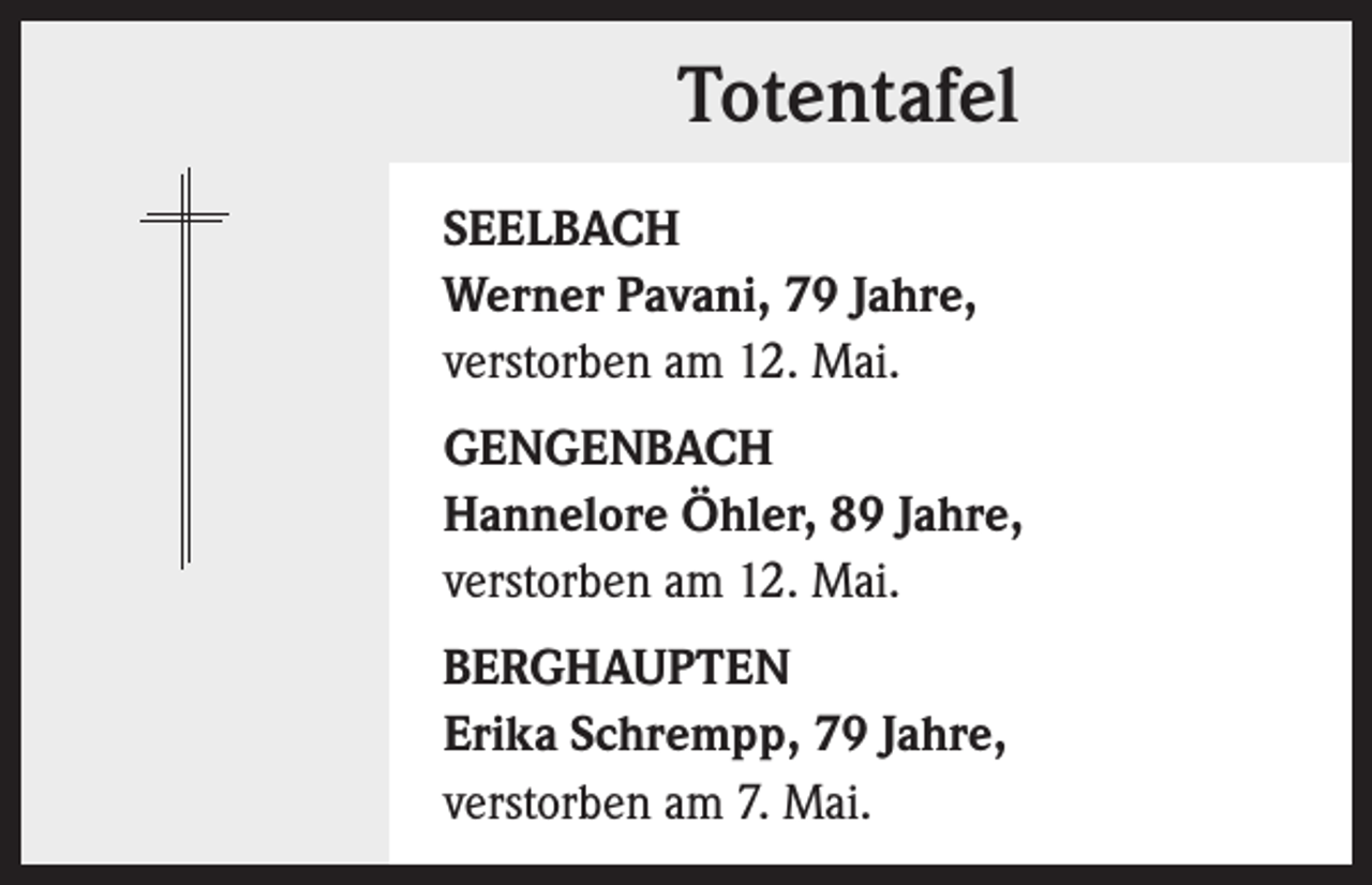 <p>Totentafel<br />SEELBACH<br />Werner Pavani, 79 Jahre,<br />verstorben am 12. Mai.<br />GENGENBACH<br />Hannelore Öhler, 89 Jahre,<br />verstorben am 12. Mai.<br />BERGHAUPTEN<br />Erika Schrempp, 79 Jahre,<br />verstorben am 7. Mai.</p>