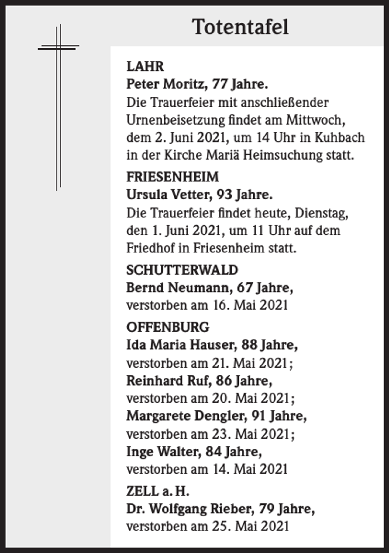<p>Totentafel<br />LAHR<br />Peter Moritz, 77 Jahre.<br />Die Trauerfeier mit anschließender<br />Urnenbeisetzung findet am Mittwoch,<br />dem 2. Juni 2021, um 14 Uhr in Kuhbach<br />in der Kirche Mariä Heimsuchung statt.<br />FRIESENHEIM<br />Ursula Vetter, 93 Jahre.<br />Die Trauerfeier findet heute, Dienstag,<br />den 1. Juni 2021, um 11 Uhr auf dem<br />Friedhof in Friesenheim statt.<br />SCHUTTERWALD<br />Bernd Neumann, 67 Jahre,<br />verstorben am 16. Mai 2021<br />OFFENBURG<br />Ida Maria Hauser, 88 Jahre,<br />verstorben am 21. Mai 2021;<br />Reinhard Ruf, 86 Jahre,<br />verstorben am 20. Mai 2021;<br />Margarete Dengler, 91 Jahre,<br />verstorben am 23. Mai 2021;<br />Inge Walter, 84 Jahre,<br />verstorben am 14. Mai 2021<br />ZELL a. H.<br />Dr. Wolfgang Rieber, 79 Jahre,<br />verstorben am 25. Mai 2021</p>