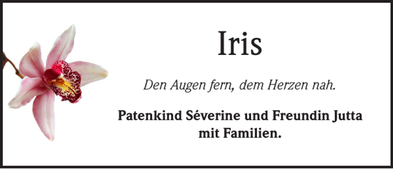 <p>Iris<br />Den Augen fern, dem Herzen nah.<br />Patenkind Séverine und Freundin Jutta<br />mit Familien.</p>
