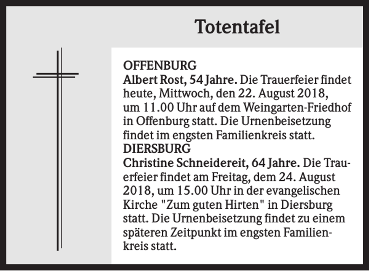 <p>Totentafel<br />OFFENBURG<br />Albert Rost, 54 Jahre. Die Trauerfeier findet<br />heute, Mittwoch, den 22. August 2018,<br />um 11.00 Uhr auf dem Weingarten-Friedhof<br />in Offenburg statt. Die Urnenbeisetzung<br />findet im engsten Familienkreis statt.<br />DIERSBURG<br />Christine Schneidereit, 64 Jahre. Die Trauerfeier findet am Freitag, dem 24. August<br />2018, um 15.00 Uhr in der evangelischen<br />Kirche "Zum guten Hirten" in Diersburg<br />statt. Die Urnenbeisetzung findet zu einem<br />späteren Zeitpunkt im engsten Familienkreis statt.</p>