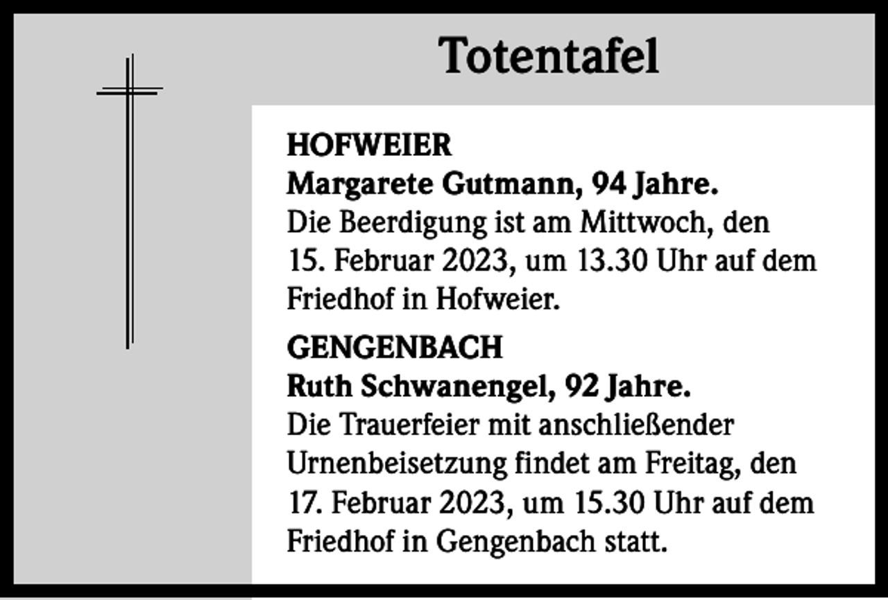 <p>Totentafel Totentafel<br />HOFWEIER<br />Margarete Gutmann, 94 Jahre.<br />Die Beerdigung ist am Mittwoch, den<br />15. Februar 2023, um 13.30 Uhr auf dem<br />Friedhof in Hofweier.<br />GENGENBACH<br />Ruth Schwanengel, 92 Jahre.<br />Die Trauerfeier mit anschließender<br />Urnenbeisetzung findet am Freitag, den<br />17. Februar 2023, um 15.30 Uhr auf dem<br />Friedhof in Gengenbach statt.</p>