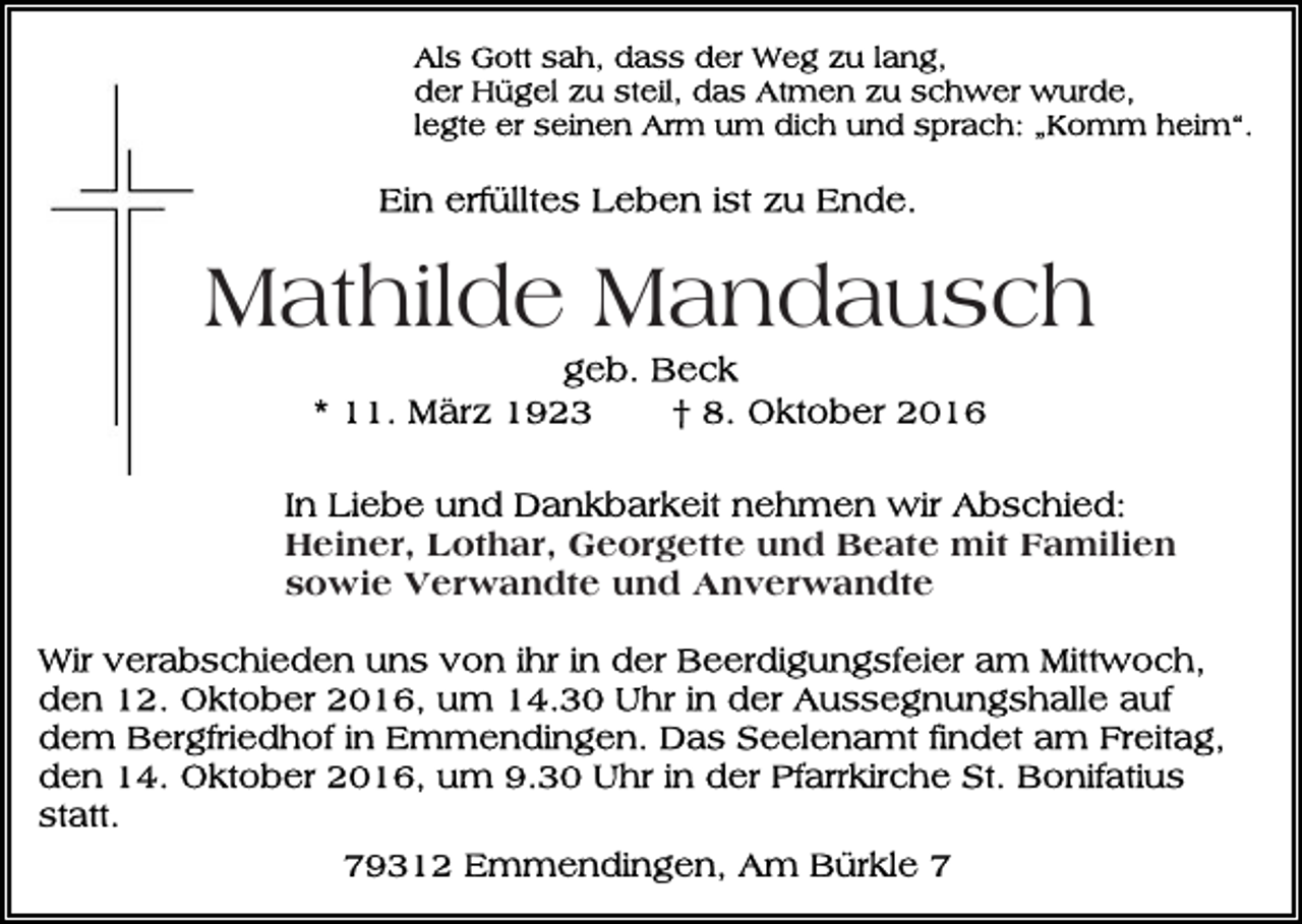 <p>Mathilde Mandausch<br />Heiner, Lothar, Georgette und Beate mit Familien<br />sowie Verwandte und Anverwandte</p>