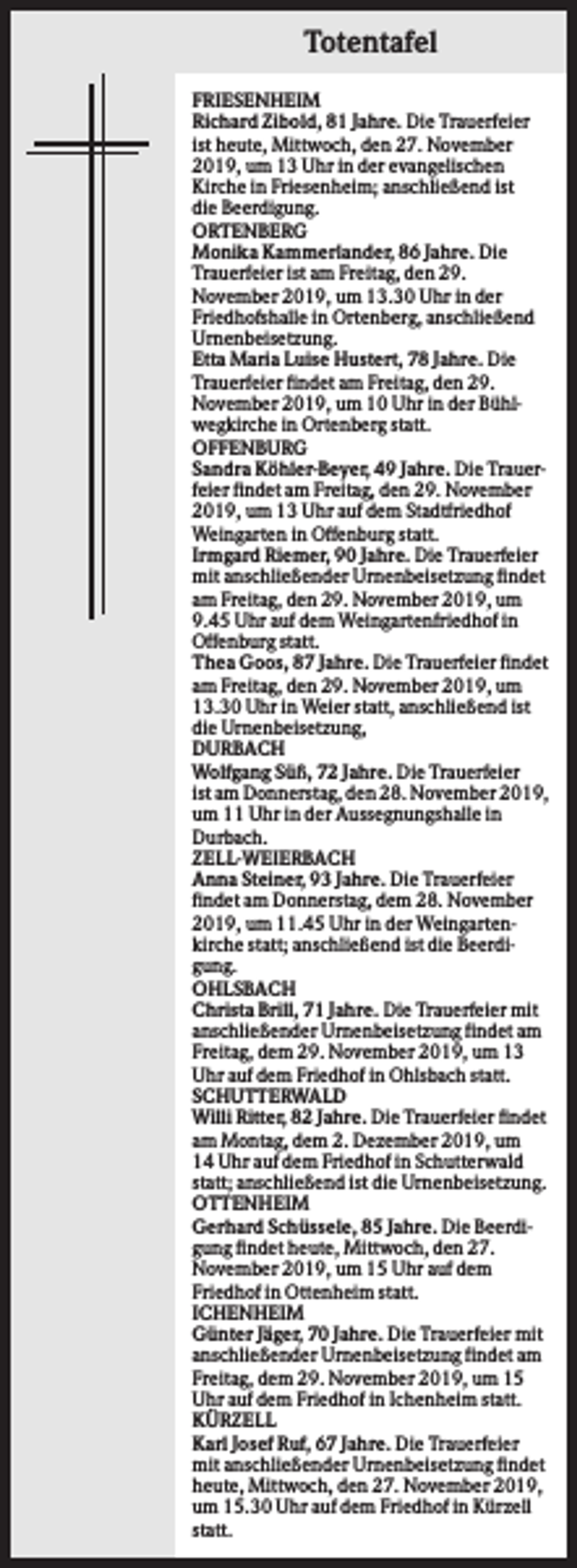<p>Totentafel<br />FRIESENHEIM<br />Richard Zibold, 81 Jahre. Die Trauerfeier<br />ist heute, Mittwoch, den 27. November<br />2019, um 13 Uhr in der evangelischen<br />Kirche in Friesenheim; anschließend ist<br />die Beerdigung.<br />ORTENBERG<br />Monika Kammerlander, 86 Jahre. Die<br />Trauerfeier ist am Freitag, den 29.<br />November 2019, um 13.30 Uhr in der<br />Friedhofshalle in Ortenberg, anschließend<br />Urnenbeisetzung.<br />Etta Maria Luise Hustert, 78 Jahre. Die<br />Trauerfeier findet am Freitag, den 29.<br />November 2019, um 10 Uhr in der Bühlwegkirche in Ortenberg statt.<br />OFFENBURG<br />Sandra Köhler-Beyer, 49 Jahre. Die Trauerfeier findet am Freitag, den 29. November<br />2019, um 13 Uhr auf dem Stadtfriedhof<br />Weingarten in Offenburg statt.<br />Irmgard Riemer, 90 Jahre. Die Trauerfeier<br />mit anschließender Urnenbeisetzung findet<br />am Freitag, den 29. November 2019, um<br />9.45 Uhr auf dem Weingartenfriedhof in<br />Offenburg statt.<br />Thea Goos, 87 Jahre. Die Trauerfeier findet<br />am Freitag, den 29. November 2019, um<br />13.30 Uhr in Weier statt, anschließend ist<br />die Urnenbeisetzung,<br />DURBACH<br />Wolfgang Süß, 72 Jahre. Die Trauerfeier<br />ist am Donnerstag, den 28. November 2019,<br />um 11 Uhr in der Aussegnungshalle in<br />Durbach.<br />ZELL-WEIERBACH<br />Anna Steiner, 93 Jahre. Die Trauerfeier<br />findet am Donnerstag, dem 28. November<br />2019, um 11.45 Uhr in der Weingartenkirche statt; anschließend ist die Beerdigung.<br />OHLSBACH<br />Christa Brill, 71 Jahre. Die Trauerfeier mit<br />anschließender Urnenbeisetzung findet am<br />Freitag, dem 29. November 2019, um 13<br />Uhr auf dem Friedhof in Ohlsbach statt.<br />SCHUTTERWALD<br />Willi Ritter, 82 Jahre. Die Trauerfeier findet<br />am Montag, dem 2. Dezember 2019, um<br />14 Uhr auf dem Friedhof in Schutterwald<br />statt; anschließend ist die Urnenbeisetzung.<br />OTTENHEIM<br />Gerhard Schüssele, 85 Jahre. Die Beerdigung findet heute, Mittwoch, den 27.<br />November 2019, um 15 Uhr auf dem<br />Friedhof in Ottenheim statt.<br />ICHENHEIM<br />Günter Jäger, 70 Jahre. Die Trauerfeier mit<br />anschließender Urnenbeisetzung findet am<br />Freitag, dem 29. November 2019, um 15<br />Uhr auf dem Friedhof in Ichenheim statt.<br />KÜRZELL<br />Karl Josef Ruf, 67 Jahre. Die Trauerfeier<br />mit anschließender Urnenbeisetzung findet<br />heute, Mittwoch, den 27. November 2019,<br />um 15.30 Uhr auf dem Friedhof in Kürzell<br />statt.</p>