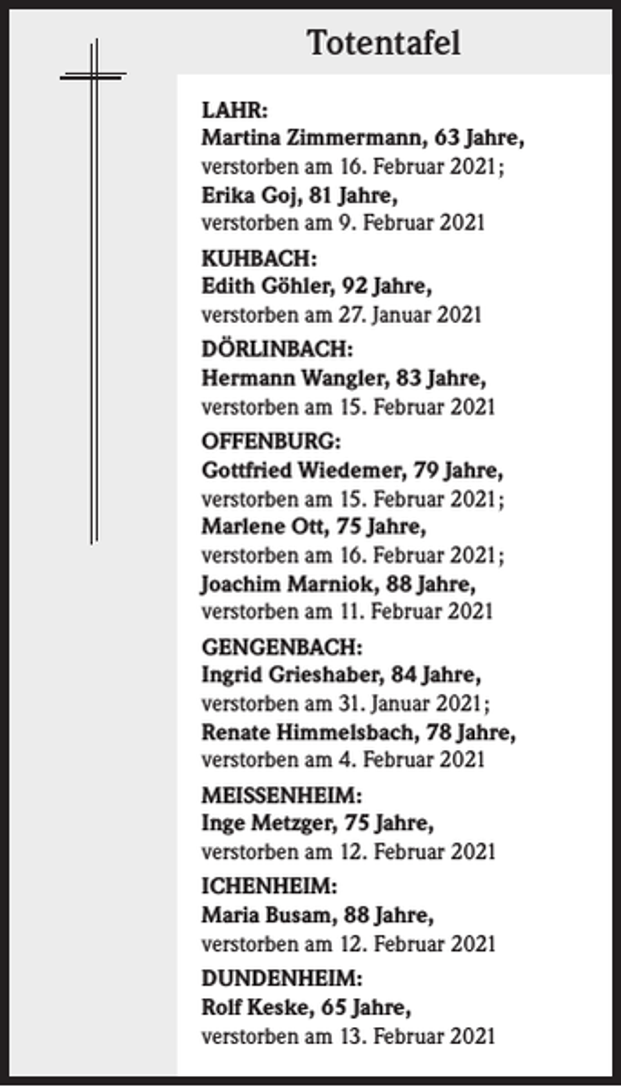 <p>Totentafel<br />LAHR:<br />Martina Zimmermann, 63 Jahre,<br />verstorben am 16. Februar 2021;<br />Erika Goj, 81 Jahre,<br />verstorben am 9. Februar 2021<br />KUHBACH:<br />Edith Göhler, 92 Jahre,<br />verstorben am 27. Januar 2021<br />DÖRLINBACH:<br />Hermann Wangler, 83 Jahre,<br />verstorben am 15. Februar 2021<br />OFFENBURG:<br />Gottfried Wiedemer, 79 Jahre,<br />verstorben am 15. Februar 2021;<br />Marlene Ott, 75 Jahre,<br />verstorben am 16. Februar 2021;<br />Joachim Marniok, 88 Jahre,<br />verstorben am 11. Februar 2021<br />GENGENBACH:<br />Ingrid Grieshaber, 84 Jahre,<br />verstorben am 31. Januar 2021;<br />Renate Himmelsbach, 78 Jahre,<br />verstorben am 4. Februar 2021<br />MEISSENHEIM:<br />Inge Metzger, 75 Jahre,<br />verstorben am 12. Februar 2021<br />ICHENHEIM:<br />Maria Busam, 88 Jahre,<br />verstorben am 12. Februar 2021<br />DUNDENHEIM:<br />Rolf Keske, 65 Jahre,<br />verstorben am 13. Februar 2021</p>