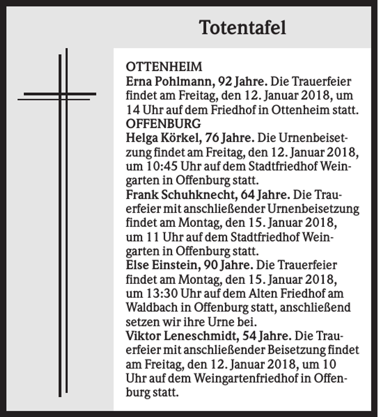 <p>Totentafel<br />OTTENHEIM<br />Erna Pohlmann, 92 Jahre. Die Trauerfeier<br />findet am Freitag, den 12. Januar 2018, um<br />14 Uhr auf dem Friedhof in Ottenheim statt.<br />OFFENBURG<br />Helga Körkel, 76 Jahre. Die Urnenbeisetzung findet am Freitag, den 12. Januar 2018,<br />um 10:45 Uhr auf dem Stadtfriedhof Weingarten in Offenburg statt.<br />Frank Schuhknecht, 64 Jahre. Die Trauerfeier mit anschließender Urnenbeisetzung<br />findet am Montag, den 15. Januar 2018,<br />um 11 Uhr auf dem Stadtfriedhof Weingarten in Offenburg statt.<br />Else Einstein, 90 Jahre. Die Trauerfeier<br />findet am Montag, den 15. Januar 2018,<br />um 13:30 Uhr auf dem Alten Friedhof am<br />Waldbach in Offenburg statt, anschließend<br />setzen wir ihre Urne bei.<br />Viktor Leneschmidt, 54 Jahre. Die Trauerfeier mit anschließender Beisetzung findet<br />am Freitag, den 12. Januar 2018, um 10<br />Uhr auf dem Weingartenfriedhof in Offenburg statt.</p>