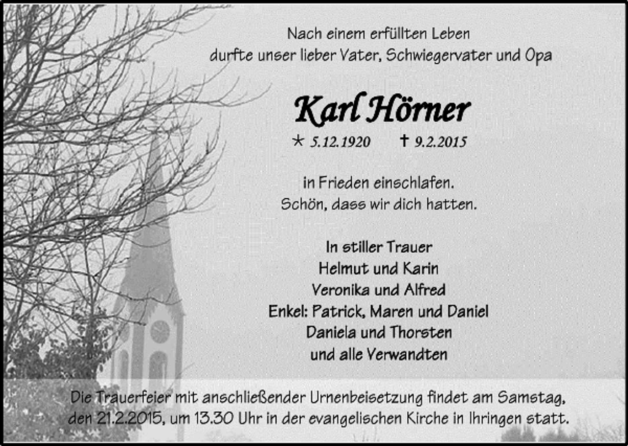 <p>Karl Hörner</p><p> 5.12.1920</p><p> 9.2.2015</p>