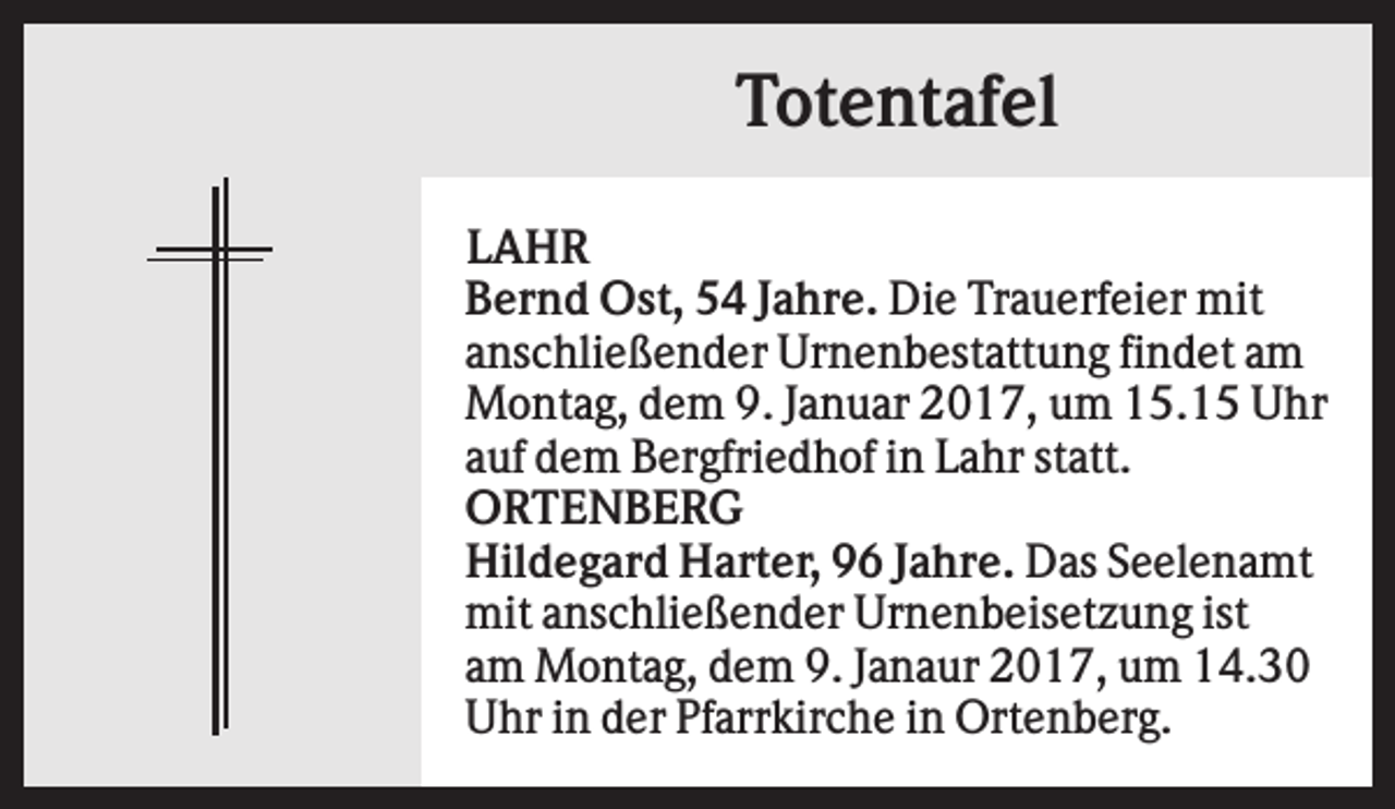 <p>Totentafel<br />LAHR<br />Bernd Ost, 54 Jahre. Die Trauerfeier mit<br />anschließender Urnenbestattung findet am<br />Montag, dem 9. Januar 2017, um 15.15 Uhr<br />auf dem Bergfriedhof in Lahr statt.<br />ORTENBERG<br />Hildegard Harter, 96 Jahre. Das Seelenamt<br />mit anschließender Urnenbeisetzung ist<br />am Montag, dem 9. Janaur 2017, um 14.30<br />Uhr in der Pfarrkirche in Ortenberg.</p>