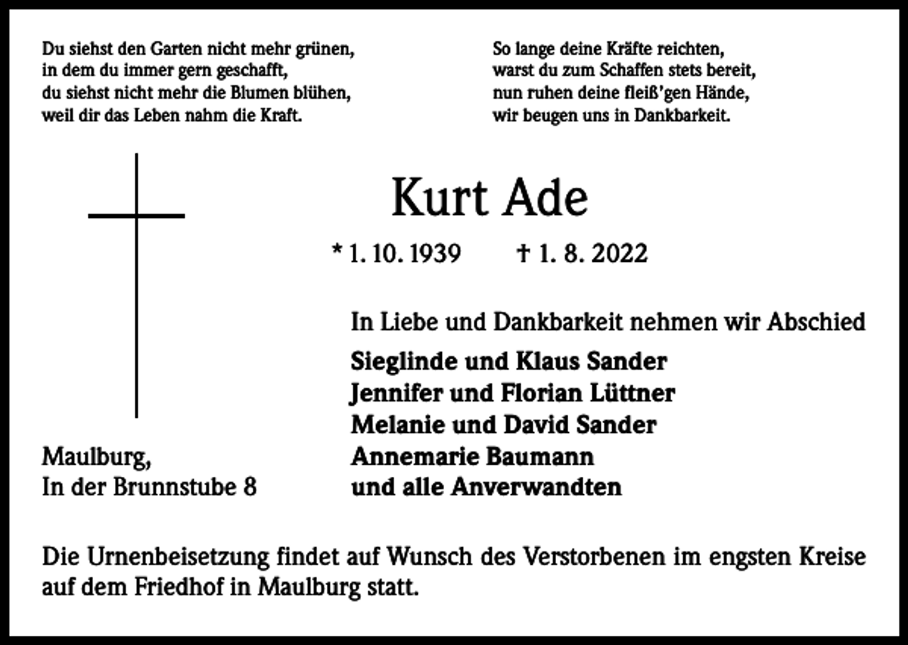 <p>Du siehst den Garten nicht mehr grünen,<br />in dem du immer gern geschafft,<br />du siehst nicht mehr die Blumen blühen,<br />weil dir das Leben nahm die Kraft.</p><p>So lange deine Kräfte reichten,<br />warst du zum Schaffen stets bereit,<br />nun ruhen deine fleiß’gen Hände,<br />wir beugen uns in Dankbarkeit.</p><p>Kurt Ade<br />* 1. 10. 1939 † 1. 8. 2022</p><p>Maulburg,<br />In der Brunnstube 8</p><p>In Liebe und Dankbarkeit nehmen wir Abschied<br />Sieglinde und Klaus Sander<br />Jennifer und Florian Lüttner<br />Melanie und David Sander<br />Annemarie Baumann<br />und alle Anverwandten</p><p>Die Urnenbeisetzung findet auf Wunsch des Verstorbenen im engsten Kreise<br />auf dem Friedhof in Maulburg statt.</p>