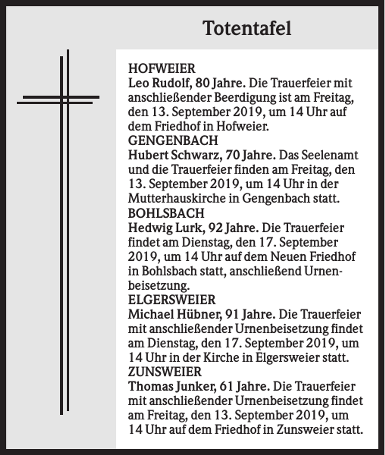 <p>Totentafel<br />HOFWEIER<br />Leo Rudolf, 80 Jahre. Die Trauerfeier mit<br />anschließender Beerdigung ist am Freitag,<br />den 13. September 2019, um 14 Uhr auf<br />dem Friedhof in Hofweier.<br />GENGENBACH<br />Hubert Schwarz, 70 Jahre. Das Seelenamt<br />und die Trauerfeier finden am Freitag, den<br />13. September 2019, um 14 Uhr in der<br />Mutterhauskirche in Gengenbach statt.<br />BOHLSBACH<br />Hedwig Lurk, 92 Jahre. Die Trauerfeier<br />findet am Dienstag, den 17. September<br />2019, um 14 Uhr auf dem Neuen Friedhof<br />in Bohlsbach statt, anschließend Urnenbeisetzung.<br />ELGERSWEIER<br />Michael Hübner, 91 Jahre. Die Trauerfeier<br />mit anschließender Urnenbeisetzung findet<br />am Dienstag, den 17. September 2019, um<br />14 Uhr in der Kirche in Elgersweier statt.<br />ZUNSWEIER<br />Thomas Junker, 61 Jahre. Die Trauerfeier<br />mit anschließender Urnenbeisetzung findet<br />am Freitag, den 13. September 2019, um<br />14 Uhr auf dem Friedhof in Zunsweier statt.</p>