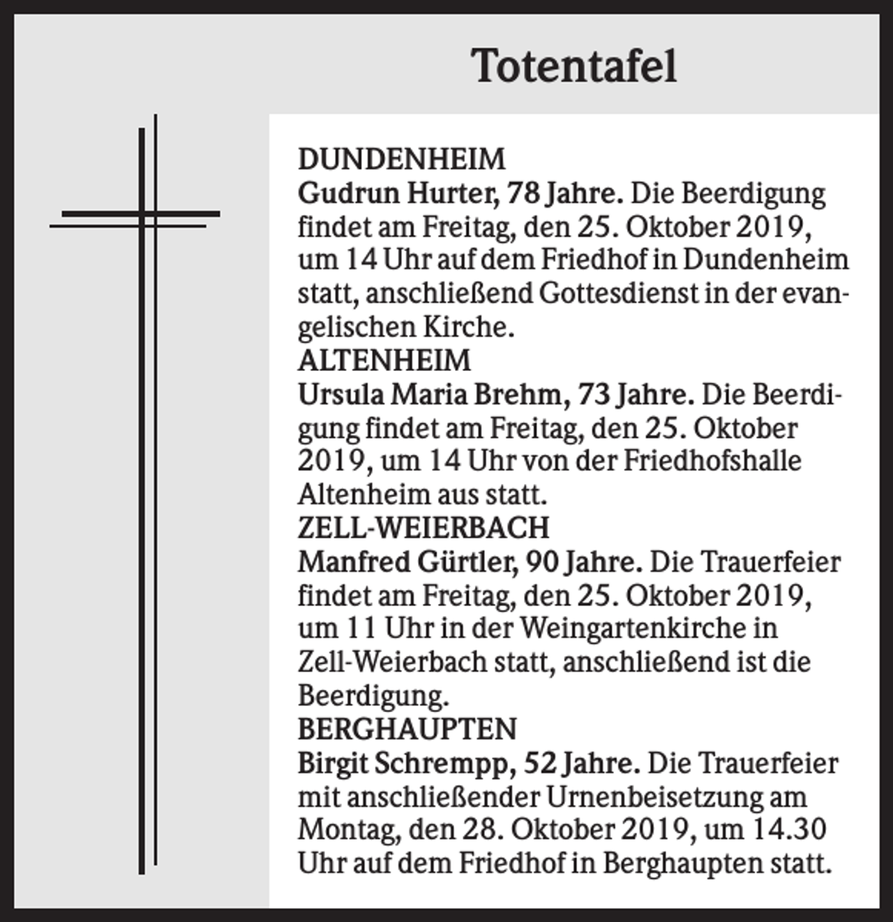 <p>Totentafel<br />DUNDENHEIM<br />Gudrun Hurter, 78 Jahre. Die Beerdigung<br />findet am Freitag, den 25. Oktober 2019,<br />um 14 Uhr auf dem Friedhof in Dundenheim<br />statt, anschließend Gottesdienst in der evangelischen Kirche.<br />ALTENHEIM<br />Ursula Maria Brehm, 73 Jahre. Die Beerdigung findet am Freitag, den 25. Oktober<br />2019, um 14 Uhr von der Friedhofshalle<br />Altenheim aus statt.<br />ZELL-WEIERBACH<br />Manfred Gürtler, 90 Jahre. Die Trauerfeier<br />findet am Freitag, den 25. Oktober 2019,<br />um 11 Uhr in der Weingartenkirche in<br />Zell-Weierbach statt, anschließend ist die<br />Beerdigung.<br />BERGHAUPTEN<br />Birgit Schrempp, 52 Jahre. Die Trauerfeier<br />mit anschließender Urnenbeisetzung am<br />Montag, den 28. Oktober 2019, um 14.30<br />Uhr auf dem Friedhof in Berghaupten statt.</p>