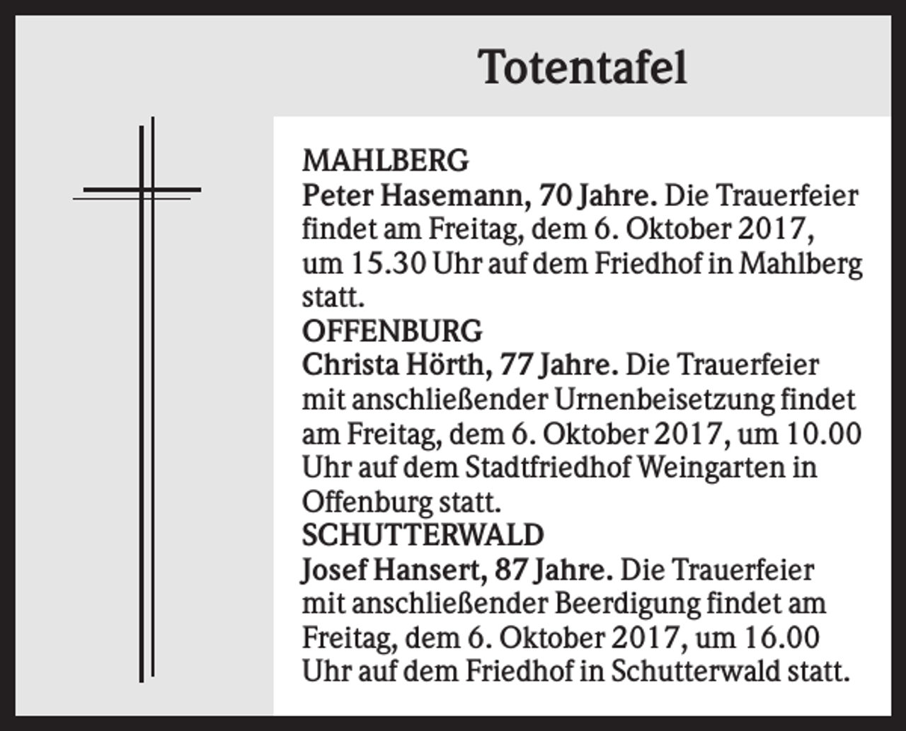 <p>Totentafel<br />MAHLBERG<br />Peter Hasemann, 70 Jahre. Die Trauerfeier<br />findet am Freitag, dem 6. Oktober 2017,<br />um 15.30 Uhr auf dem Friedhof in Mahlberg<br />statt.<br />OFFENBURG<br />Christa Hörth, 77 Jahre. Die Trauerfeier<br />mit anschließender Urnenbeisetzung findet<br />am Freitag, dem 6. Oktober 2017, um 10.00<br />Uhr auf dem Stadtfriedhof Weingarten in<br />Offenburg statt.<br />SCHUTTERWALD<br />Josef Hansert, 87 Jahre. Die Trauerfeier<br />mit anschließender Beerdigung findet am<br />Freitag, dem 6. Oktober 2017, um 16.00<br />Uhr auf dem Friedhof in Schutterwald statt.</p>
