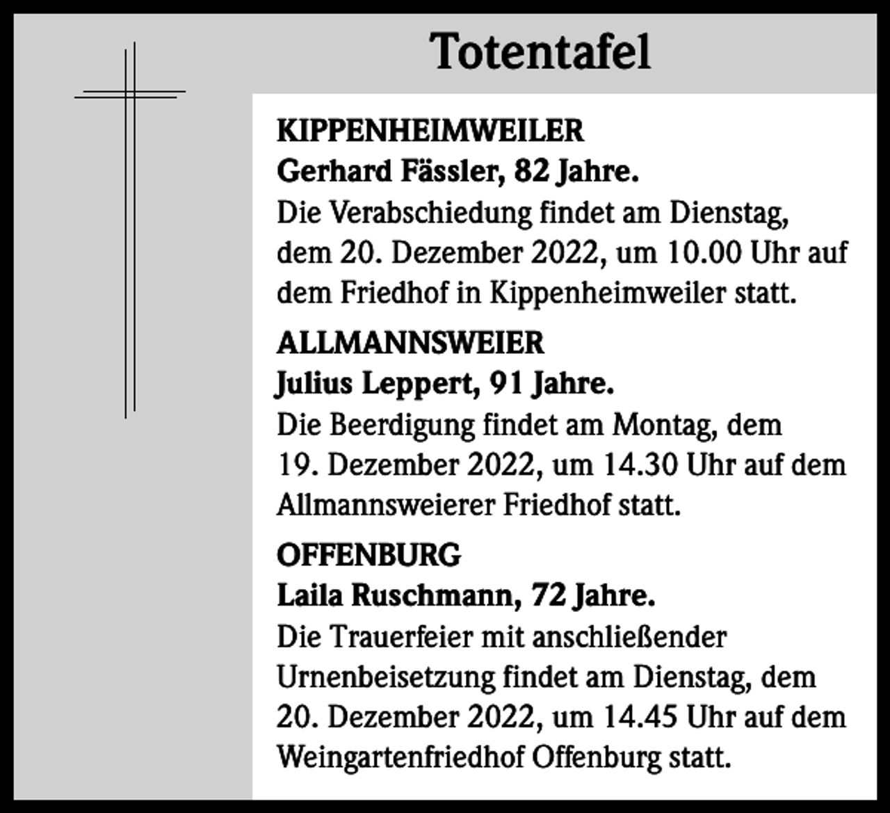 <p>Totentafel<br />Totentafel<br />KIPPENHEIMWEILER<br />Gerhard Fässler, 82 Jahre.<br />Die Verabschiedung findet am Dienstag,<br />dem 20. Dezember 2022, um 10.00 Uhr auf<br />dem Friedhof in Kippenheimweiler statt.<br />ALLMANNSWEIER<br />Julius Leppert, 91 Jahre.<br />Die Beerdigung findet am Montag, dem<br />19. Dezember 2022, um 14.30 Uhr auf dem<br />Allmannsweierer Friedhof statt.<br />OFFENBURG<br />Laila Ruschmann, 72 Jahre.<br />Die Trauerfeier mit anschließender<br />Urnenbeisetzung findet am Dienstag, dem<br />20. Dezember 2022, um 14.45 Uhr auf dem<br />Weingartenfriedhof Offenburg statt.</p>