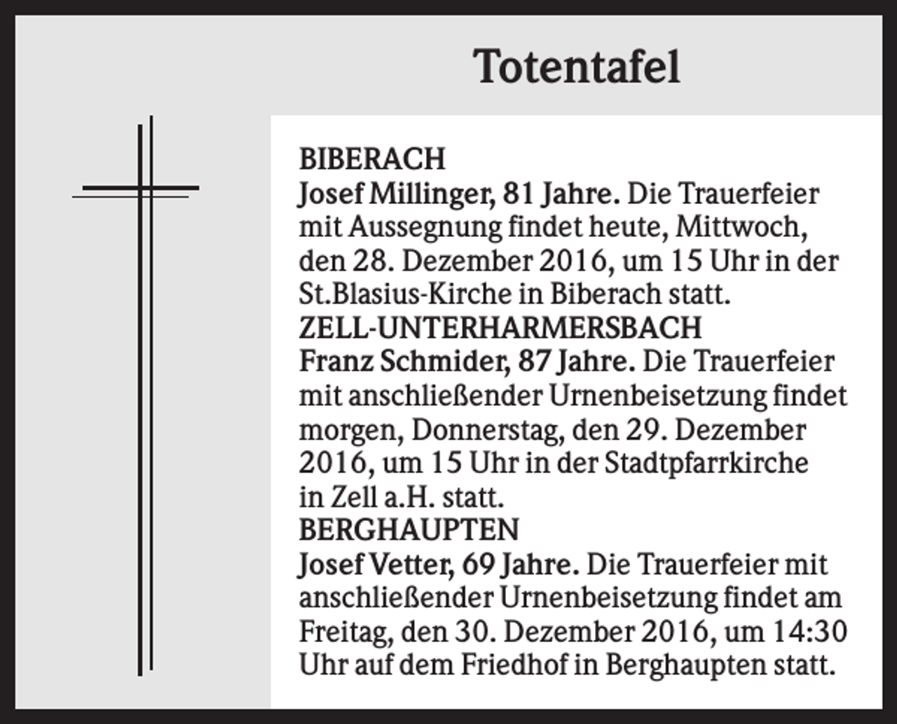 <p>Totentafel<br />BIBERACH<br />Josef Millinger, 81 Jahre. Die Trauerfeier<br />mit Aussegnung findet heute, Mittwoch,<br />den 28. Dezember 2016, um 15 Uhr in der<br />St.Blasius-Kirche in Biberach statt.<br />ZELL-UNTERHARMERSBACH<br />Franz Schmider, 87 Jahre. Die Trauerfeier<br />mit anschließender Urnenbeisetzung findet<br />morgen, Donnerstag, den 29. Dezember<br />2016, um 15 Uhr in der Stadtpfarrkirche<br />in Zell a.H. statt.<br />BERGHAUPTEN<br />Josef Vetter, 69 Jahre. Die Trauerfeier mit<br />anschließender Urnenbeisetzung findet am<br />Freitag, den 30. Dezember 2016, um 14:30<br />Uhr auf dem Friedhof in Berghaupten statt.</p>