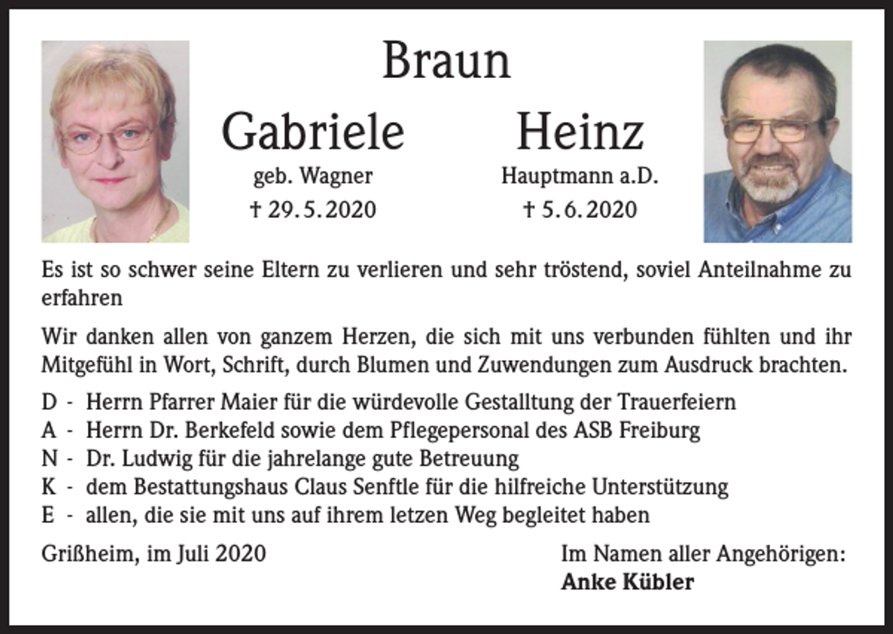 <p>Braun<br />Gabriele<br />Heinz<br />geb. Wagner<br />† 29. 5. 2020</p><p>Hauptmann a.D.<br />† 5. 6. 2020</p><p>Es ist so schwer seine Eltern zu verlieren und sehr tröstend, soviel Anteilnahme zu<br />erfahren<br />Wir danken allen von ganzem Herzen, die sich mit uns verbunden fühlten und ihr<br />Mitgefühl in Wort, Schrift, durch Blumen und Zuwendungen zum Ausdruck brachten.<br />D - Herrn Pfarrer Maier für die würdevolle Gestalltung der Trauerfeiern<br />A - Herrn Dr. Berkefeld sowie dem Pflegepersonal des ASB Freiburg<br />N - Dr. Ludwig für die jahrelange gute Betreuung<br />K - dem Bestattungshaus Claus Senftle für die hilfreiche Unterstützung<br />E - allen, die sie mit uns auf ihrem letzen Weg begleitet haben<br />Grißheim, im Juli 2020</p><p>Im Namen aller Angehörigen:<br />Anke Kübler</p>