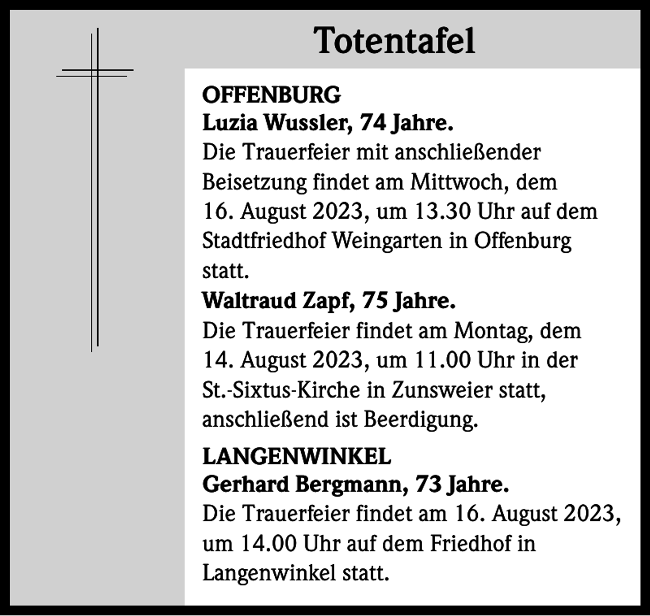<p>Totentafel<br />Totentafel<br />OFFENBURG<br />Luzia Wussler, 74 Jahre.<br />Die Trauerfeier mit anschließender<br />Beisetzung findet am Mittwoch, dem<br />16. August 2023, um 13.30 Uhr auf dem<br />Stadtfriedhof Weingarten in Offenburg<br />statt.<br />Waltraud Zapf, 75 Jahre.<br />Die Trauerfeier findet am Montag, dem<br />14. August 2023, um 11.00 Uhr in der<br />St.-Sixtus-Kirche in Zunsweier statt,<br />anschließend ist Beerdigung.<br />LANGENWINKEL<br />Gerhard Bergmann, 73 Jahre.<br />Die Trauerfeier findet am 16. August 2023,<br />um 14.00 Uhr auf dem Friedhof in<br />Langenwinkel statt.</p>