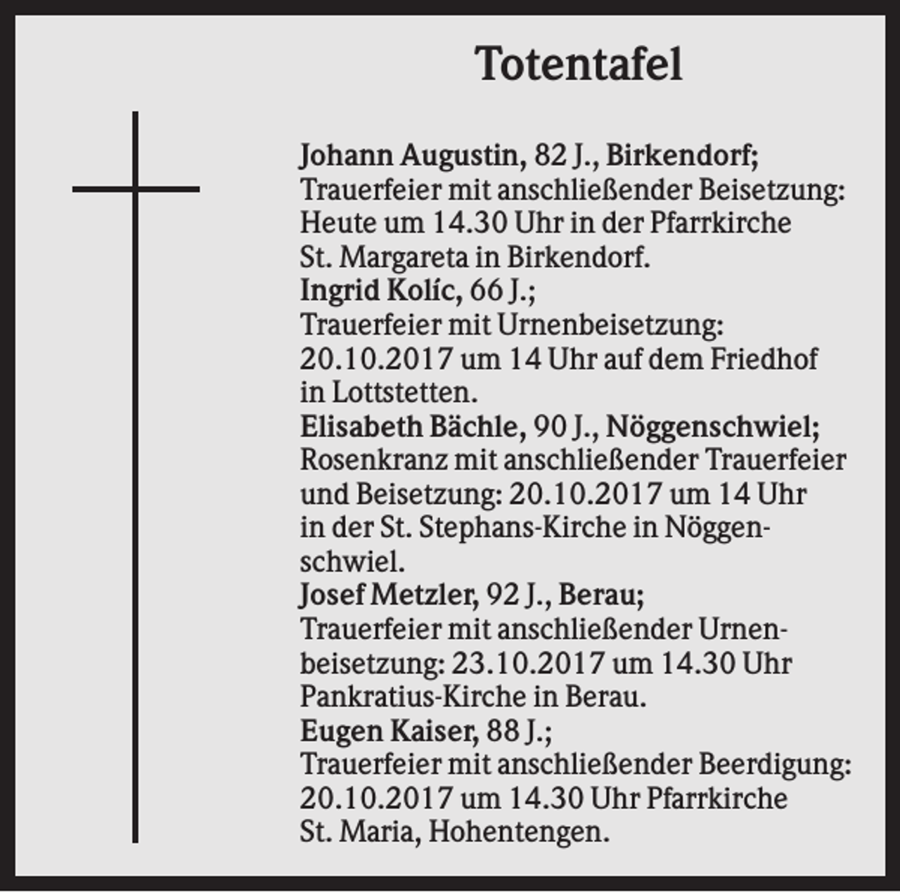 <p>Totentafel<br />Johann Augustin, 82 J., Birkendorf;<br />Trauerfeier mit anschließender Beisetzung:<br />Heute um 14.30 Uhr in der Pfarrkirche<br />St. Margareta in Birkendorf.<br />Ingrid Kolíc, 66 J.;<br />Trauerfeier mit Urnenbeisetzung:<br />20.10.2017 um 14 Uhr auf dem Friedhof<br />in Lottstetten.<br />Elisabeth Bächle, 90 J., Nöggenschwiel;<br />Rosenkranz mit anschließender Trauerfeier<br />und Beisetzung: 20.10.2017 um 14 Uhr<br />in der St. Stephans-Kirche in Nöggenschwiel.<br />Josef Metzler, 92 J., Berau;<br />Trauerfeier mit anschließender Urnenbeisetzung: 23.10.2017 um 14.30 Uhr<br />Pankratius-Kirche in Berau.<br />Eugen Kaiser, 88 J.;<br />Trauerfeier mit anschließender Beerdigung:<br />20.10.2017 um 14.30 Uhr Pfarrkirche<br />St. Maria, Hohentengen.</p>