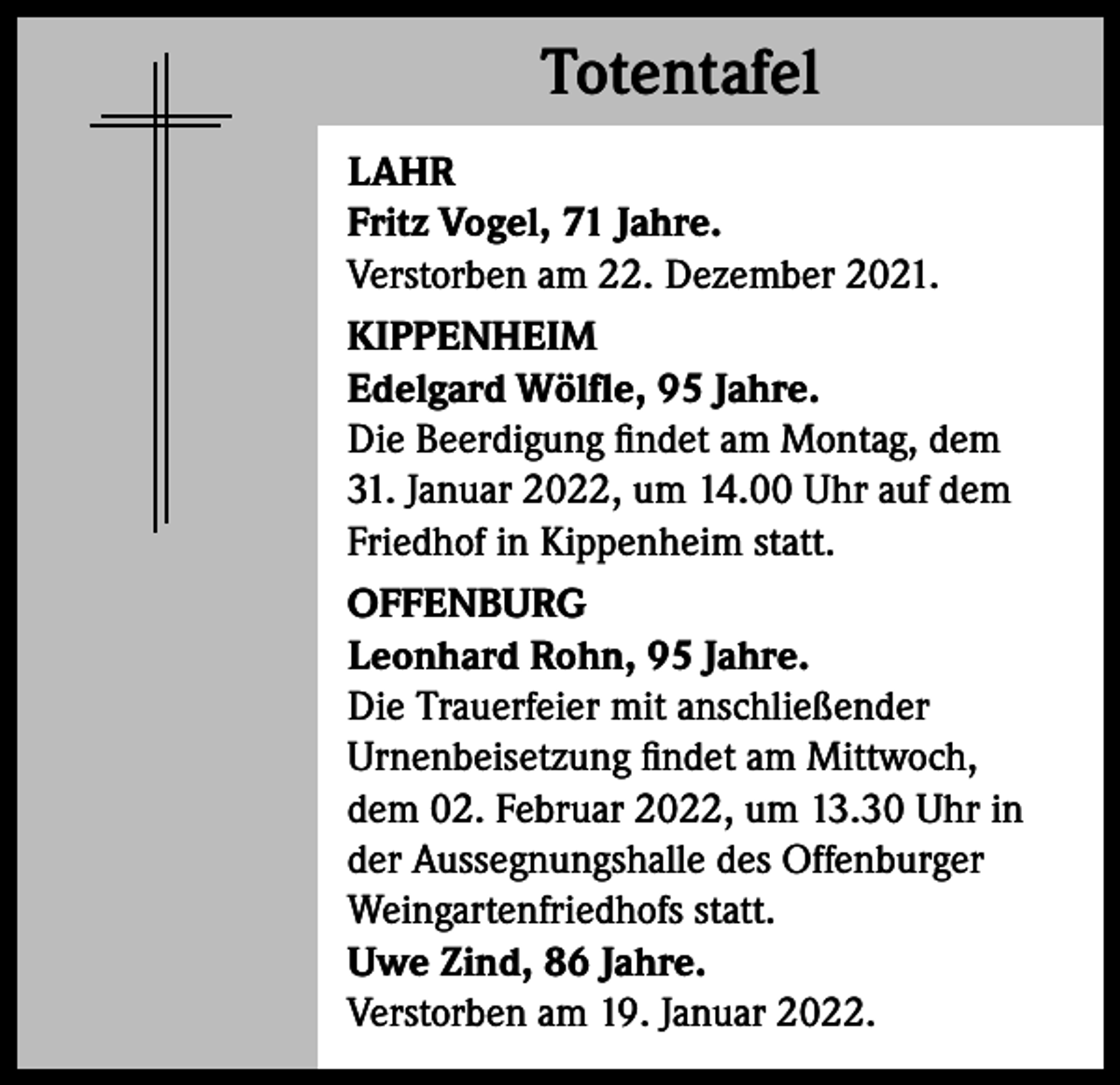 <p>Totentafel<br />Totentafel<br />LAHR<br />Fritz Vogel, 71 Jahre.<br />Verstorben am 22. Dezember 2021.<br />KIPPENHEIM<br />Edelgard Wölfle, 95 Jahre.<br />Die Beerdigung findet am Montag, dem<br />31. Januar 2022, um 14.00 Uhr auf dem<br />Friedhof in Kippenheim statt.<br />OFFENBURG<br />Leonhard Rohn, 95 Jahre.<br />Die Trauerfeier mit anschließender<br />Urnenbeisetzung findet am Mittwoch,<br />dem 02. Februar 2022, um 13.30 Uhr in<br />der Aussegnungshalle des Offenburger<br />Weingartenfriedhofs statt.<br />Uwe Zind, 86 Jahre.<br />Verstorben am 19. Januar 2022.</p>