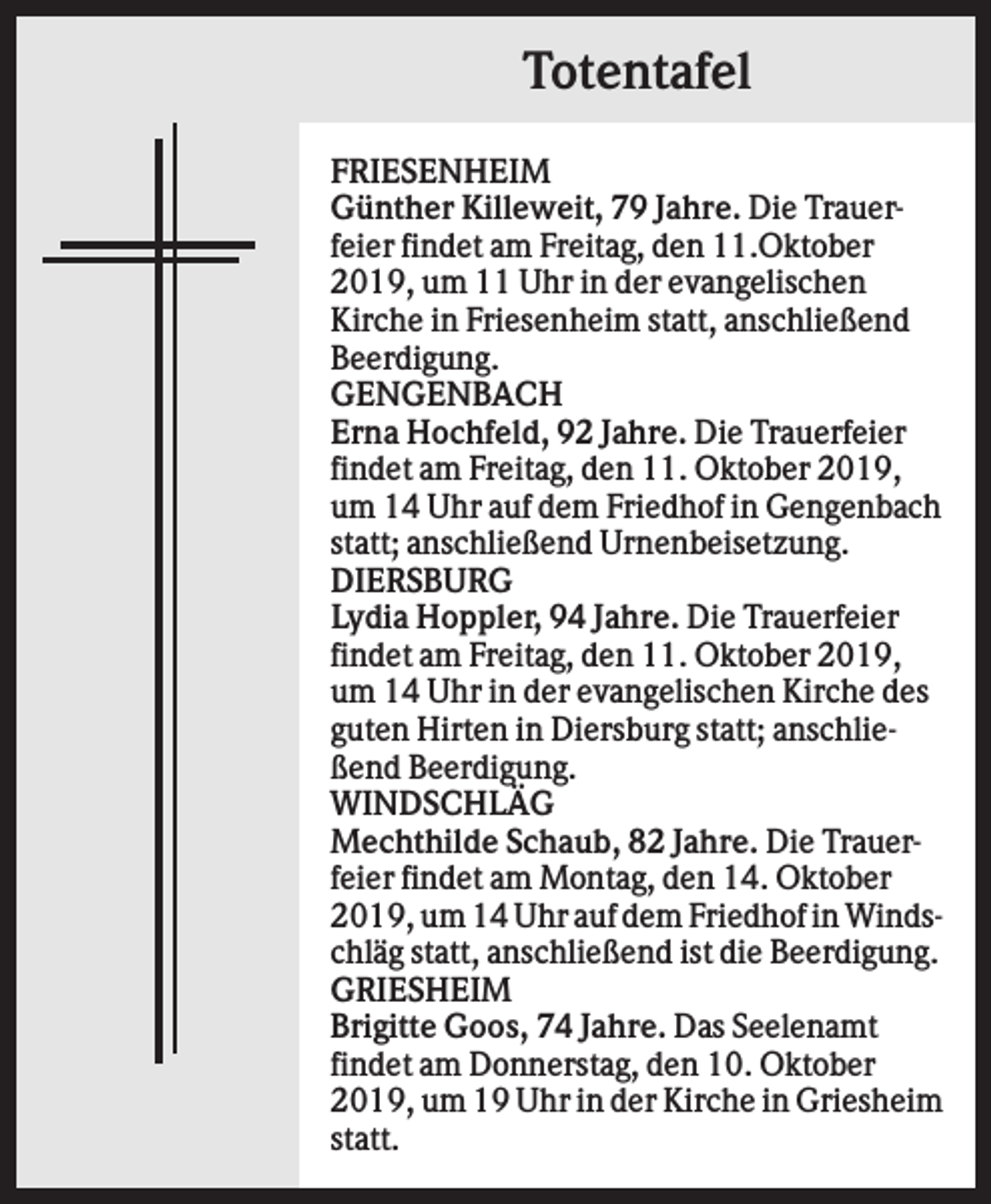 <p>Totentafel<br />FRIESENHEIM<br />Günther Killeweit, 79 Jahre. Die Trauerfeier findet am Freitag, den 11.Oktober<br />2019, um 11 Uhr in der evangelischen<br />Kirche in Friesenheim statt, anschließend<br />Beerdigung.<br />GENGENBACH<br />Erna Hochfeld, 92 Jahre. Die Trauerfeier<br />findet am Freitag, den 11. Oktober 2019,<br />um 14 Uhr auf dem Friedhof in Gengenbach<br />statt; anschließend Urnenbeisetzung.<br />DIERSBURG<br />Lydia Hoppler, 94 Jahre. Die Trauerfeier<br />findet am Freitag, den 11. Oktober 2019,<br />um 14 Uhr in der evangelischen Kirche des<br />guten Hirten in Diersburg statt; anschließend Beerdigung.<br />WINDSCHLÄG<br />Mechthilde Schaub, 82 Jahre. Die Trauerfeier findet am Montag, den 14. Oktober<br />2019, um 14 Uhr auf dem Friedhof in Windschläg statt, anschließend ist die Beerdigung.<br />GRIESHEIM<br />Brigitte Goos, 74 Jahre. Das Seelenamt<br />findet am Donnerstag, den 10. Oktober<br />2019, um 19 Uhr in der Kirche in Griesheim<br />statt.</p>