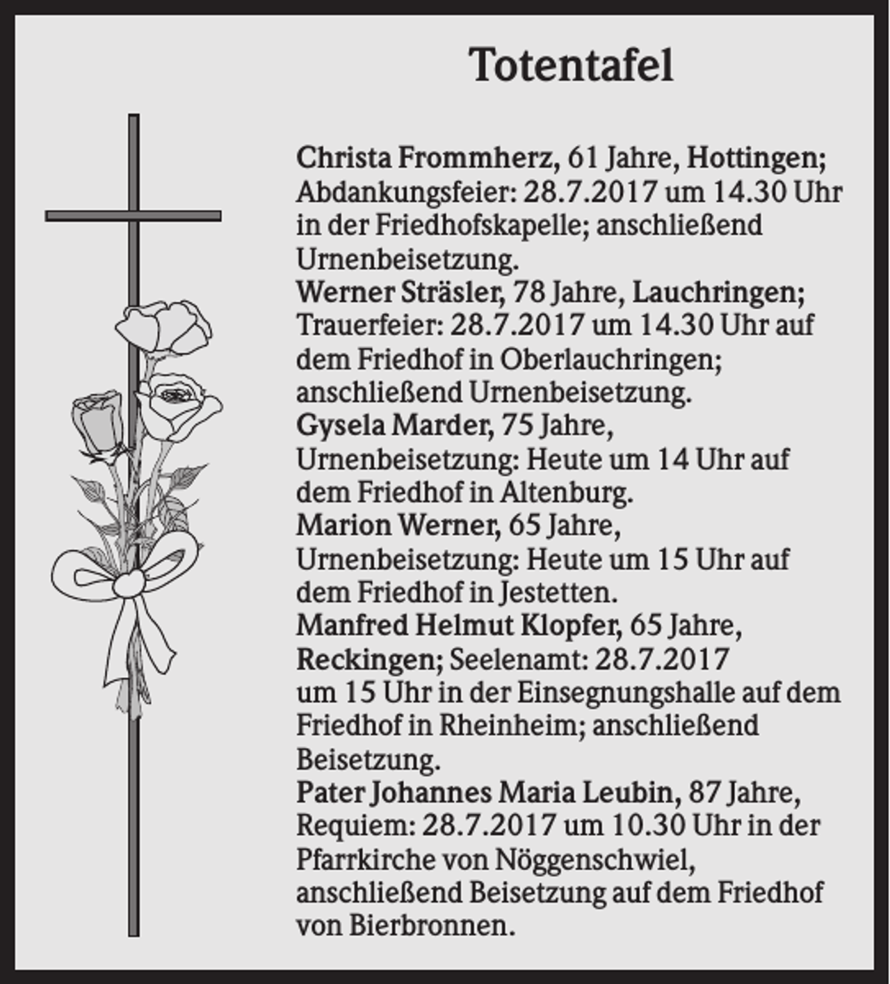 <p>Totentafel<br />Christa Frommherz, 61 Jahre, Hottingen;<br />Abdankungsfeier: 28.7.2017 um 14.30 Uhr<br />in der Friedhofskapelle; anschließend<br />Urnenbeisetzung.<br />Werner Sträsler, 78 Jahre, Lauchringen;<br />Trauerfeier: 28.7.2017 um 14.30 Uhr auf<br />dem Friedhof in Oberlauchringen;<br />anschließend Urnenbeisetzung.<br />Gysela Marder, 75 Jahre,<br />Urnenbeisetzung: Heute um 14 Uhr auf<br />dem Friedhof in Altenburg.<br />Marion Werner, 65 Jahre,<br />Urnenbeisetzung: Heute um 15 Uhr auf<br />dem Friedhof in Jestetten.<br />Manfred Helmut Klopfer, 65 Jahre,<br />Reckingen; Seelenamt: 28.7.2017<br />um 15 Uhr in der Einsegnungshalle auf dem<br />Friedhof in Rheinheim; anschließend<br />Beisetzung.<br />Pater Johannes Maria Leubin, 87 Jahre,<br />Requiem: 28.7.2017 um 10.30 Uhr in der<br />Pfarrkirche von Nöggenschwiel,<br />anschließend Beisetzung auf dem Friedhof<br />von Bierbronnen.</p>