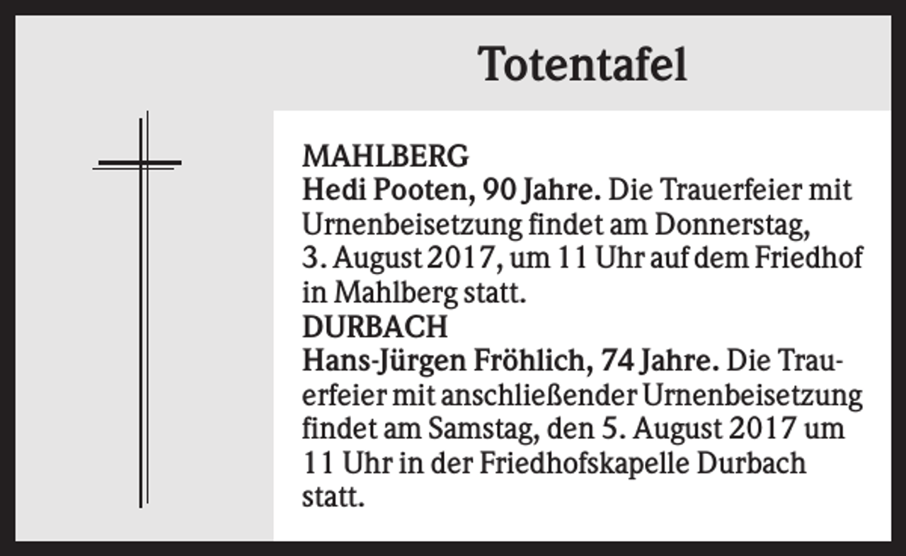 <p>Totentafel<br />MAHLBERG<br />Hedi Pooten, 90 Jahre. Die Trauerfeier mit<br />Urnenbeisetzung findet am Donnerstag,<br />3. August 2017, um 11 Uhr auf dem Friedhof<br />in Mahlberg statt.<br />DURBACH<br />Hans-Jürgen Fröhlich, 74 Jahre. Die Trauerfeier mit anschließender Urnenbeisetzung<br />findet am Samstag, den 5. August 2017 um<br />11 Uhr in der Friedhofskapelle Durbach<br />statt.</p>