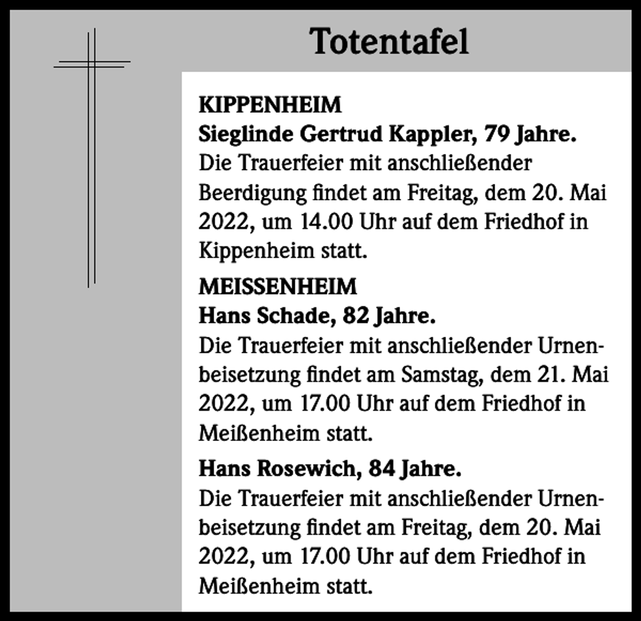 <p>Totentafel<br />Totentafel<br />KIPPENHEIM<br />Sieglinde Gertrud Kappler, 79 Jahre.<br />Die Trauerfeier mit anschließender<br />Beerdigung findet am Freitag, dem 20. Mai<br />2022, um 14.00 Uhr auf dem Friedhof in<br />Kippenheim statt.<br />MEISSENHEIM<br />Hans Schade, 82 Jahre.<br />Die Trauerfeier mit anschließender Urnenbeisetzung findet am Samstag, dem 21. Mai<br />2022, um 17.00 Uhr auf dem Friedhof in<br />Meißenheim statt.<br />Hans Rosewich, 84 Jahre.<br />Die Trauerfeier mit anschließender Urnenbeisetzung findet am Freitag, dem 20. Mai<br />2022, um 17.00 Uhr auf dem Friedhof in<br />Meißenheim statt.</p>