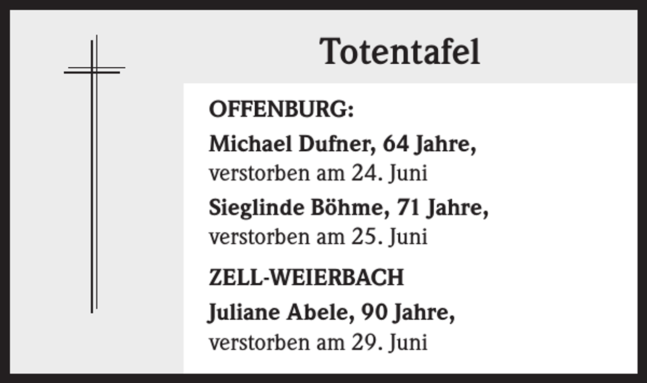 <p>Totentafel<br />OFFENBURG:<br />Michael Dufner, 64 Jahre,<br />verstorben am 24. Juni<br />Sieglinde Böhme, 71 Jahre,<br />verstorben am 25. Juni<br />ZELL-WEIERBACH<br />Juliane Abele, 90 Jahre,<br />verstorben am 29. Juni</p>