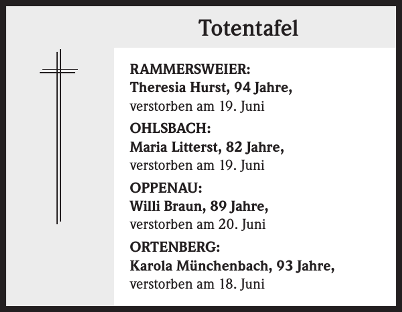 <p>Totentafel<br />RAMMERSWEIER:<br />Theresia Hurst, 94 Jahre,<br />verstorben am 19. Juni<br />OHLSBACH:<br />Maria Litterst, 82 Jahre,<br />verstorben am 19. Juni<br />OPPENAU:<br />Willi Braun, 89 Jahre,<br />verstorben am 20. Juni<br />ORTENBERG:<br />Karola Münchenbach, 93 Jahre,<br />verstorben am 18. Juni</p>