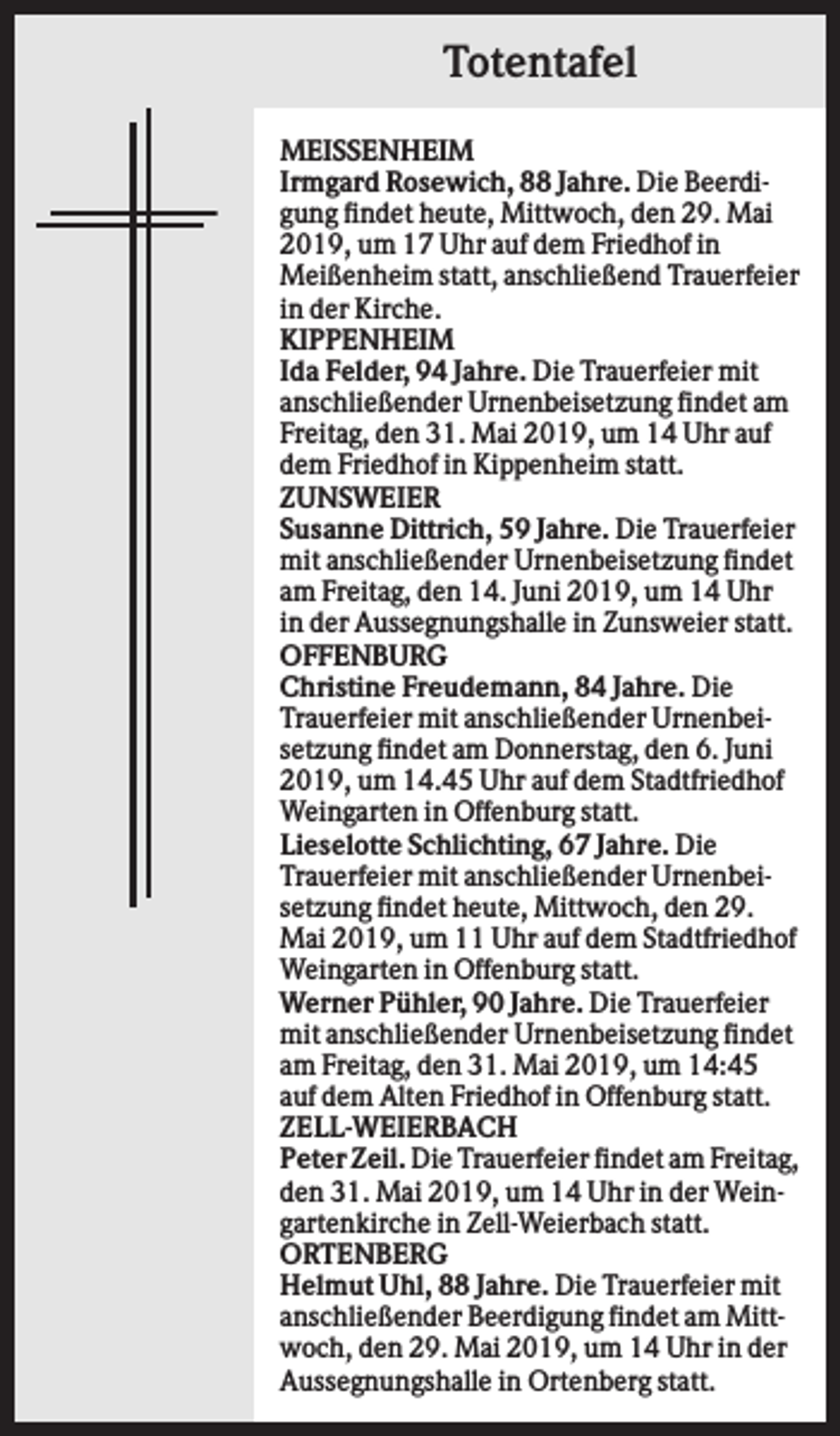 <p>Totentafel<br />MEISSENHEIM<br />Irmgard Rosewich, 88 Jahre. Die Beerdigung findet heute, Mittwoch, den 29. Mai<br />2019, um 17 Uhr auf dem Friedhof in<br />Meißenheim statt, anschließend Trauerfeier<br />in der Kirche.<br />KIPPENHEIM<br />Ida Felder, 94 Jahre. Die Trauerfeier mit<br />anschließender Urnenbeisetzung findet am<br />Freitag, den 31. Mai 2019, um 14 Uhr auf<br />dem Friedhof in Kippenheim statt.<br />ZUNSWEIER<br />Susanne Dittrich, 59 Jahre. Die Trauerfeier<br />mit anschließender Urnenbeisetzung findet<br />am Freitag, den 14. Juni 2019, um 14 Uhr<br />in der Aussegnungshalle in Zunsweier statt.<br />OFFENBURG<br />Christine Freudemann, 84 Jahre. Die<br />Trauerfeier mit anschließender Urnenbeisetzung findet am Donnerstag, den 6. Juni<br />2019, um 14.45 Uhr auf dem Stadtfriedhof<br />Weingarten in Offenburg statt.<br />Lieselotte Schlichting, 67 Jahre. Die<br />Trauerfeier mit anschließender Urnenbeisetzung findet heute, Mittwoch, den 29.<br />Mai 2019, um 11 Uhr auf dem Stadtfriedhof<br />Weingarten in Offenburg statt.<br />Werner Pühler, 90 Jahre. Die Trauerfeier<br />mit anschließender Urnenbeisetzung findet<br />am Freitag, den 31. Mai 2019, um 14:45<br />auf dem Alten Friedhof in Offenburg statt.<br />ZELL-WEIERBACH<br />Peter Zeil. Die Trauerfeier findet am Freitag,<br />den 31. Mai 2019, um 14 Uhr in der Weingartenkirche in Zell-Weierbach statt.<br />ORTENBERG<br />Helmut Uhl, 88 Jahre. Die Trauerfeier mit<br />anschließender Beerdigung findet am Mittwoch, den 29. Mai 2019, um 14 Uhr in der<br />Aussegnungshalle in Ortenberg statt.</p>