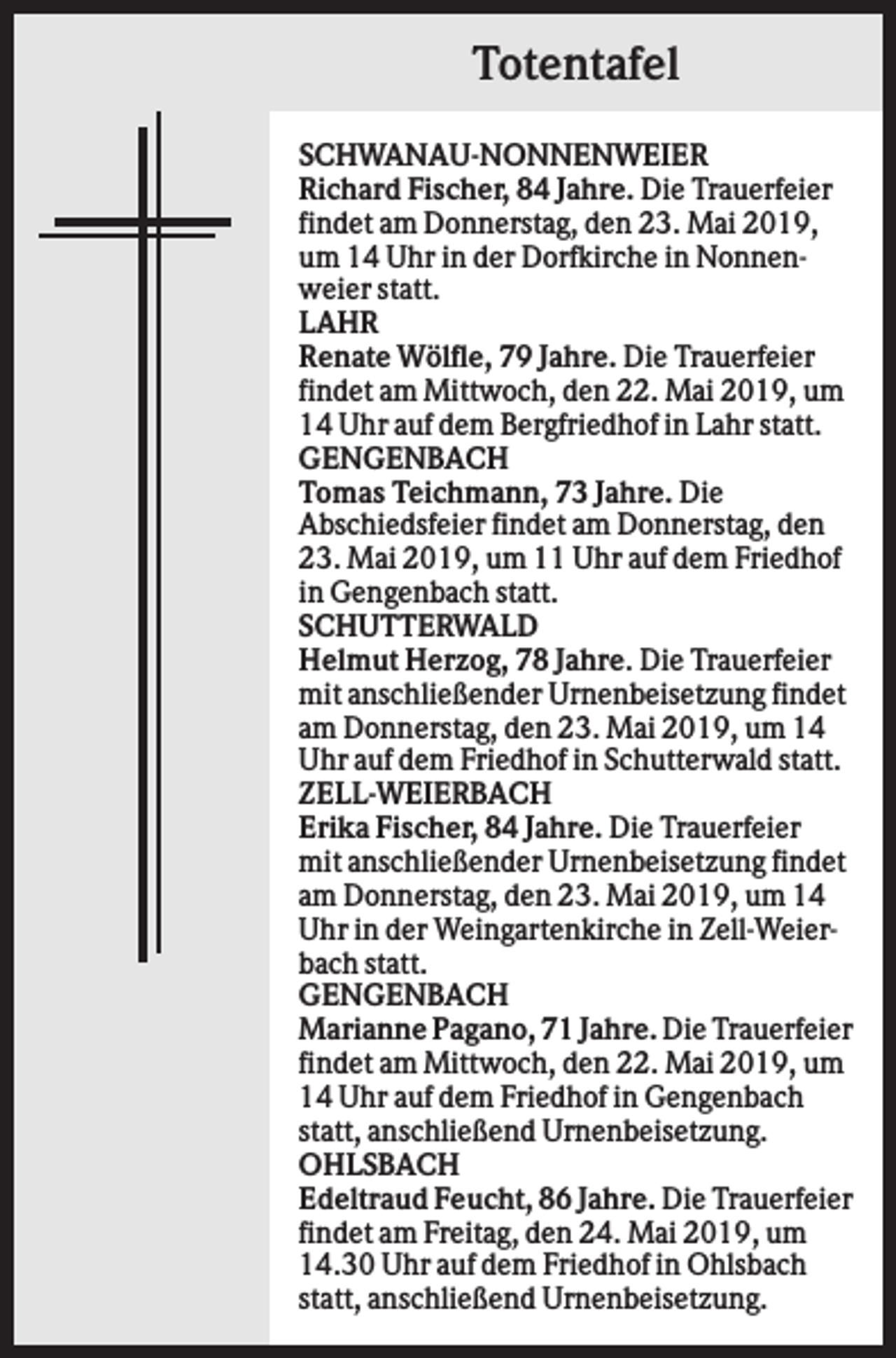 <p>Totentafel<br />SCHWANAU-NONNENWEIER<br />Richard Fischer, 84 Jahre. Die Trauerfeier<br />findet am Donnerstag, den 23. Mai 2019,<br />um 14 Uhr in der Dorfkirche in Nonnenweier statt.<br />LAHR<br />Renate Wölfle, 79 Jahre. Die Trauerfeier<br />findet am Mittwoch, den 22. Mai 2019, um<br />14 Uhr auf dem Bergfriedhof in Lahr statt.<br />GENGENBACH<br />Tomas Teichmann, 73 Jahre. Die<br />Abschiedsfeier findet am Donnerstag, den<br />23. Mai 2019, um 11 Uhr auf dem Friedhof<br />in Gengenbach statt.<br />SCHUTTERWALD<br />Helmut Herzog, 78 Jahre. Die Trauerfeier<br />mit anschließender Urnenbeisetzung findet<br />am Donnerstag, den 23. Mai 2019, um 14<br />Uhr auf dem Friedhof in Schutterwald statt.<br />ZELL-WEIERBACH<br />Erika Fischer, 84 Jahre. Die Trauerfeier<br />mit anschließender Urnenbeisetzung findet<br />am Donnerstag, den 23. Mai 2019, um 14<br />Uhr in der Weingartenkirche in Zell-Weierbach statt.<br />GENGENBACH<br />Marianne Pagano, 71 Jahre. Die Trauerfeier<br />findet am Mittwoch, den 22. Mai 2019, um<br />14 Uhr auf dem Friedhof in Gengenbach<br />statt, anschließend Urnenbeisetzung.<br />OHLSBACH<br />Edeltraud Feucht, 86 Jahre. Die Trauerfeier<br />findet am Freitag, den 24. Mai 2019, um<br />14.30 Uhr auf dem Friedhof in Ohlsbach<br />statt, anschließend Urnenbeisetzung.</p>