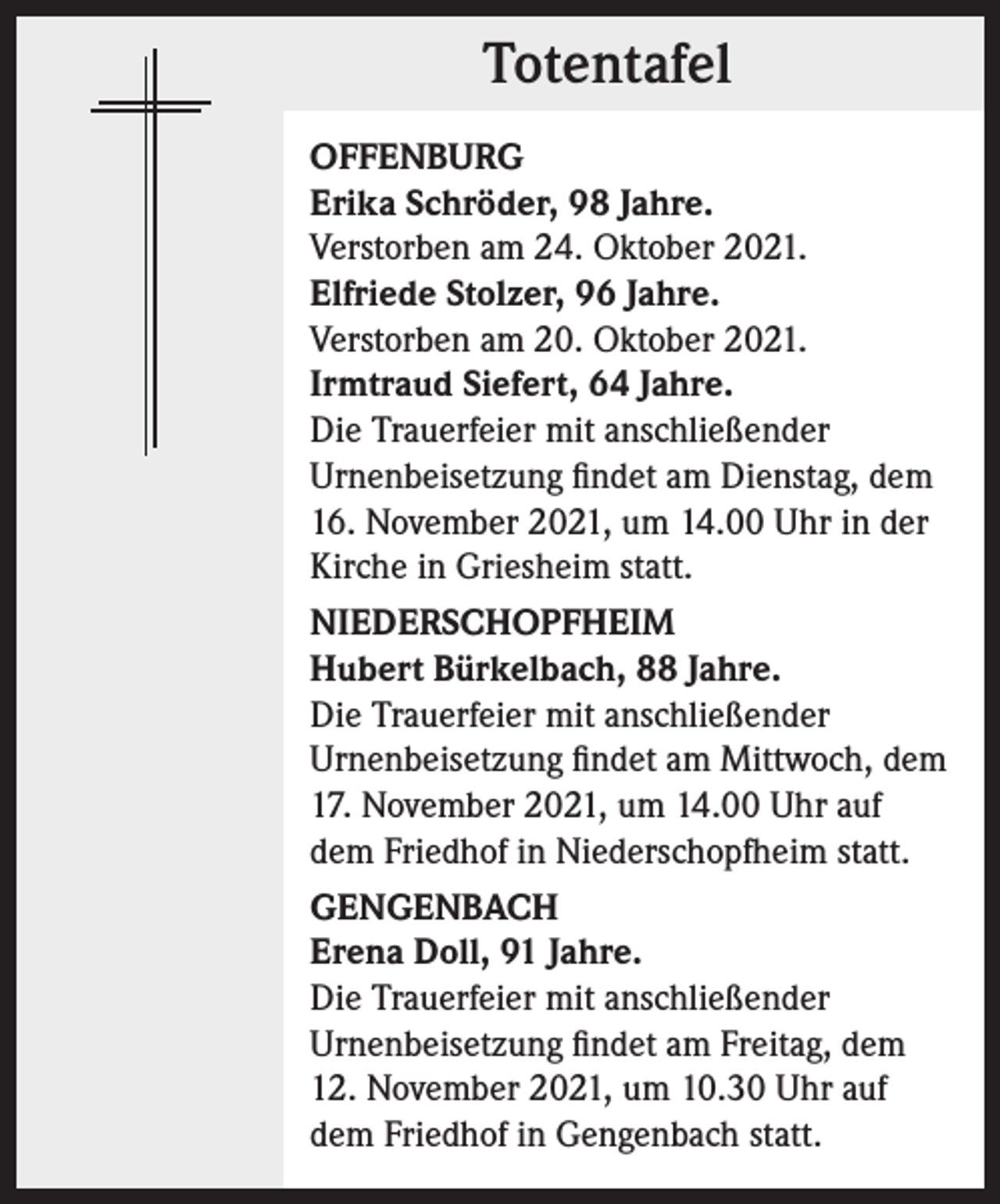 <p>Totentafel<br />Totentafel<br />OFFENBURG<br />Erika Schröder, 98 Jahre.<br />Verstorben am 24. Oktober 2021.<br />Elfriede Stolzer, 96 Jahre.<br />Verstorben am 20. Oktober 2021.<br />Irmtraud Siefert, 64 Jahre.<br />Die Trauerfeier mit anschließender<br />Urnenbeisetzung findet am Dienstag, dem<br />16. November 2021, um 14.00 Uhr in der<br />Kirche in Griesheim statt.<br />NIEDERSCHOPFHEIM<br />Hubert Bürkelbach, 88 Jahre.<br />Die Trauerfeier mit anschließender<br />Urnenbeisetzung findet am Mittwoch, dem<br />17. November 2021, um 14.00 Uhr auf<br />dem Friedhof in Niederschopfheim statt.<br />GENGENBACH<br />Erena Doll, 91 Jahre.<br />Die Trauerfeier mit anschließender<br />Urnenbeisetzung findet am Freitag, dem<br />12. November 2021, um 10.30 Uhr auf<br />dem Friedhof in Gengenbach statt.</p>