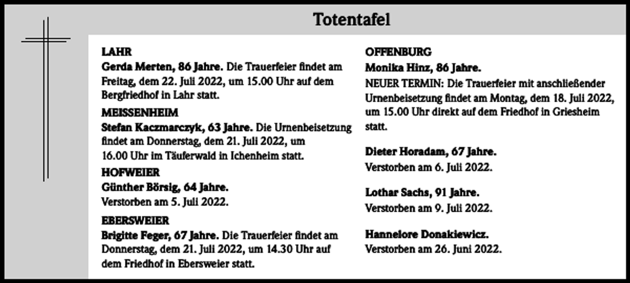 <p>Totentafel<br />LAHR<br />Gerda Merten, 86 Jahre. Die Trauerfeier findet am<br />Freitag, dem 22. Juli 2022, um 15.00 Uhr auf dem<br />Bergfriedhof in Lahr statt.<br />MEISSENHEIM<br />Stefan Kaczmarczyk, 63 Jahre. Die Urnenbeisetzung<br />findet am Donnerstag, dem 21. Juli 2022, um<br />16.00 Uhr im Täuferwald in Ichenheim statt.<br />HOFWEIER<br />Günther Börsig, 64 Jahre.<br />Verstorben am 5. Juli 2022.<br />EBERSWEIER<br />Brigitte Feger, 67 Jahre. Die Trauerfeier findet am<br />Donnerstag, dem 21. Juli 2022, um 14.30 Uhr auf<br />dem Friedhof in Ebersweier statt.</p><p>OFFENBURG<br />Monika Hinz, 86 Jahre.<br />NEUER TERMIN: Die Trauerfeier mit anschließender<br />Urnenbeisetzung findet am Montag, dem 18. Juli 2022,<br />um 15.00 Uhr direkt auf dem Friedhof in Griesheim<br />statt.<br />Dieter Horadam, 67 Jahre.<br />Verstorben am 6. Juli 2022.<br />Lothar Sachs, 91 Jahre.<br />Verstorben am 9. Juli 2022.<br />Hannelore Donakiewicz.<br />Verstorben am 26. Juni 2022.</p>