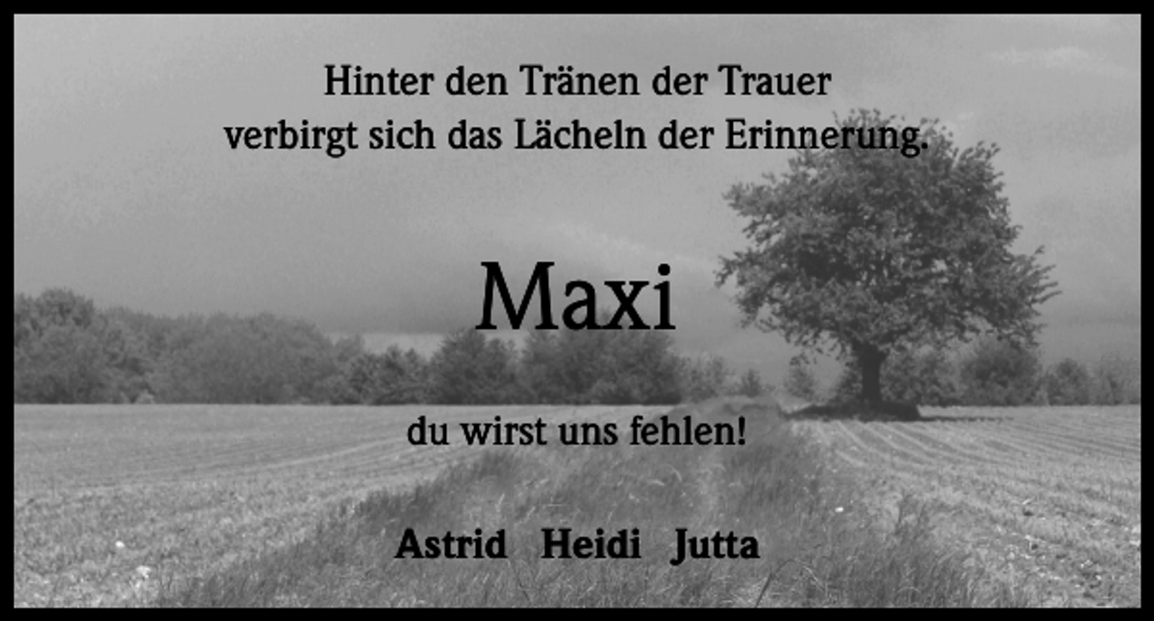 <p>Hinter den Tränen der Trauer<br />verbirgt sich das Lächeln der Erinnerung.</p><p>Maxi<br />du wirst uns fehlen!<br />Astrid Heidi Jutta</p>