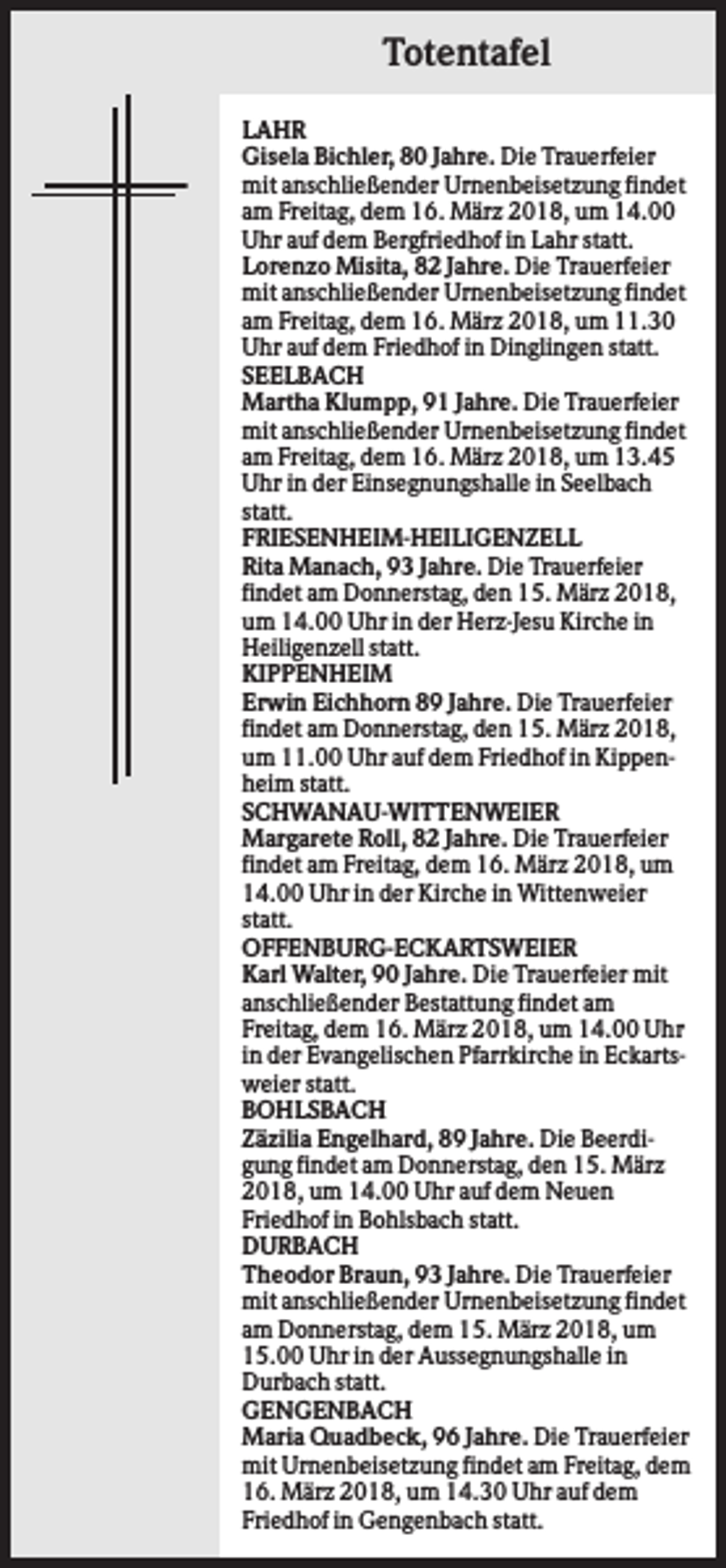 <p>Totentafel<br />LAHR<br />Gisela Bichler, 80 Jahre. Die Trauerfeier<br />mit anschließender Urnenbeisetzung findet<br />am Freitag, dem 16. März 2018, um 14.00<br />Uhr auf dem Bergfriedhof in Lahr statt.<br />Lorenzo Misita, 82 Jahre. Die Trauerfeier<br />mit anschließender Urnenbeisetzung findet<br />am Freitag, dem 16. März 2018, um 11.30<br />Uhr auf dem Friedhof in Dinglingen statt.<br />SEELBACH<br />Martha Klumpp, 91 Jahre. Die Trauerfeier<br />mit anschließender Urnenbeisetzung findet<br />am Freitag, dem 16. März 2018, um 13.45<br />Uhr in der Einsegnungshalle in Seelbach<br />statt.<br />FRIESENHEIM-HEILIGENZELL<br />Rita Manach, 93 Jahre. Die Trauerfeier<br />findet am Donnerstag, den 15. März 2018,<br />um 14.00 Uhr in der Herz-Jesu Kirche in<br />Heiligenzell statt.<br />KIPPENHEIM<br />Erwin Eichhorn 89 Jahre. Die Trauerfeier<br />findet am Donnerstag, den 15. März 2018,<br />um 11.00 Uhr auf dem Friedhof in Kippenheim statt.<br />SCHWANAU-WITTENWEIER<br />Margarete Roll, 82 Jahre. Die Trauerfeier<br />findet am Freitag, dem 16. März 2018, um<br />14.00 Uhr in der Kirche in Wittenweier<br />statt.<br />OFFENBURG-ECKARTSWEIER<br />Karl Walter, 90 Jahre. Die Trauerfeier mit<br />anschließender Bestattung findet am<br />Freitag, dem 16. März 2018, um 14.00 Uhr<br />in der Evangelischen Pfarrkirche in Eckartsweier statt.<br />BOHLSBACH<br />Zäzilia Engelhard, 89 Jahre. Die Beerdigung findet am Donnerstag, den 15. März<br />2018, um 14.00 Uhr auf dem Neuen<br />Friedhof in Bohlsbach statt.<br />DURBACH<br />Theodor Braun, 93 Jahre. Die Trauerfeier<br />mit anschließender Urnenbeisetzung findet<br />am Donnerstag, dem 15. März 2018, um<br />15.00 Uhr in der Aussegnungshalle in<br />Durbach statt.<br />GENGENBACH<br />Maria Quadbeck, 96 Jahre. Die Trauerfeier<br />mit Urnenbeisetzung findet am Freitag, dem<br />16. März 2018, um 14.30 Uhr auf dem<br />Friedhof in Gengenbach statt.</p>