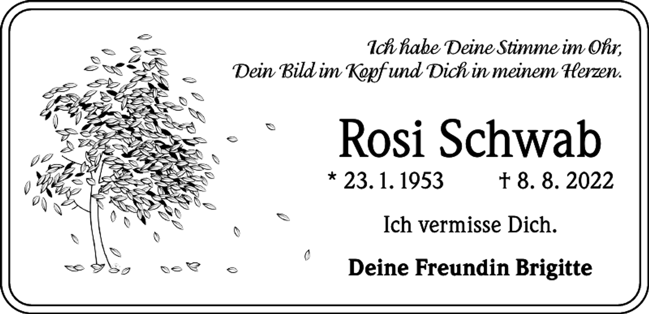 <p>Ich habe Deine Stimme im Ohr,<br />Dein Bild im Kopf und Dich in meinem Herzen.</p><p>Rosi Schwab</p><p>* 23. 1. 1953</p><p>† 8. 8. 2022</p><p>Ich vermisse Dich.<br />Deine Freundin Brigitte</p>