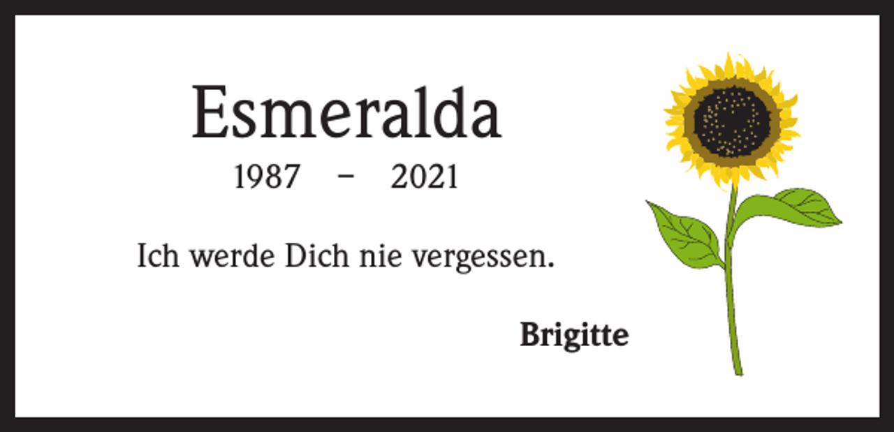 <p>Esmeralda<br />1987 – 2021</p><p>Ich werde Dich nie vergessen.</p><p>Brigitte</p>
