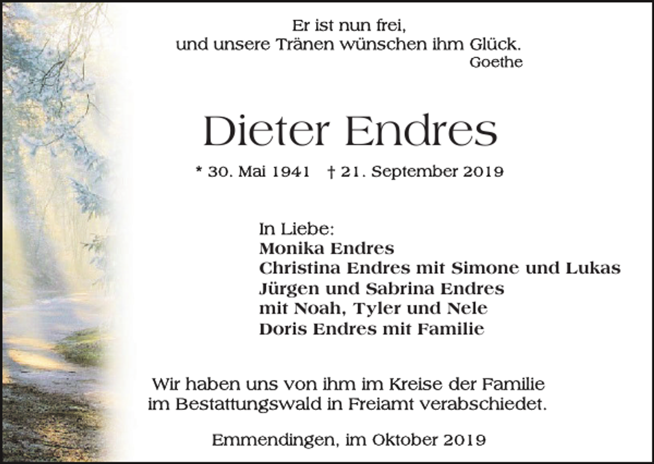 <p>Dieter Endres<br />Monika Endres<br />Christina Endres mit Simone und Lukas<br />Jürgen und Sabrina Endres<br />mit Noah, Tyler und Nele<br />Doris Endres mit Familie</p>