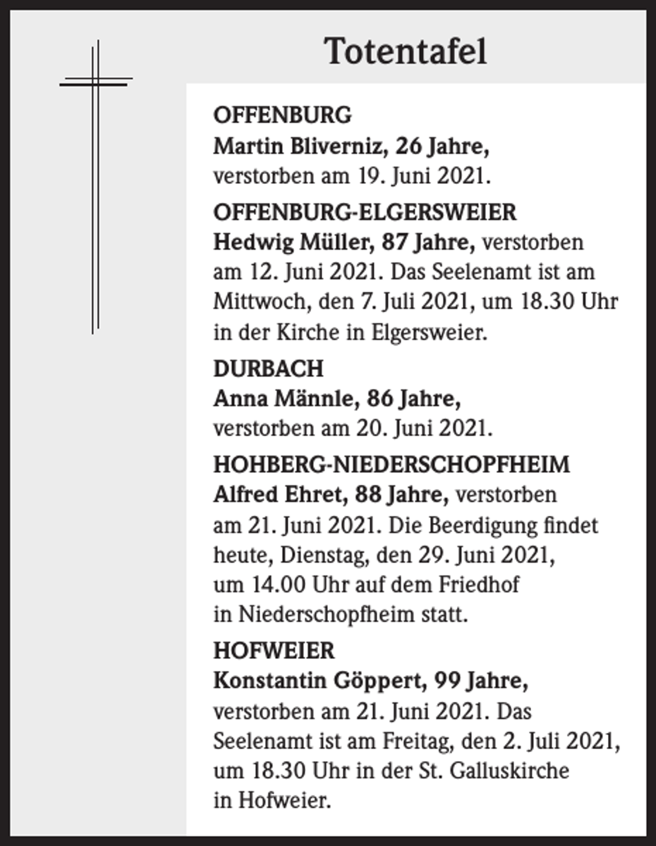 <p>Totentafel<br />OFFENBURG<br />Martin Bliverniz, 26 Jahre,<br />verstorben am 19. Juni 2021.<br />OFFENBURG-ELGERSWEIER<br />Hedwig Müller, 87 Jahre, verstorben<br />am 12. Juni 2021. Das Seelenamt ist am<br />Mittwoch, den 7. Juli 2021, um 18.30 Uhr<br />in der Kirche in Elgersweier.<br />DURBACH<br />Anna Männle, 86 Jahre,<br />verstorben am 20. Juni 2021.<br />HOHBERG-NIEDERSCHOPFHEIM<br />Alfred Ehret, 88 Jahre, verstorben<br />am 21. Juni 2021. Die Beerdigung findet<br />heute, Dienstag, den 29. Juni 2021,<br />um 14.00 Uhr auf dem Friedhof<br />in Niederschopfheim statt.<br />HOFWEIER<br />Konstantin Göppert, 99 Jahre,<br />verstorben am 21. Juni 2021. Das<br />Seelenamt ist am Freitag, den 2. Juli 2021,<br />um 18.30 Uhr in der St. Galluskirche<br />in Hofweier.</p>