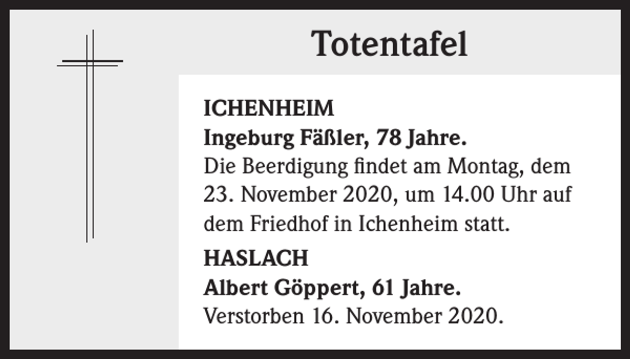 <p>Totentafel<br />ICHENHEIM<br />Ingeburg Fäßler, 78 Jahre.<br />Die Beerdigung findet am Montag, dem<br />23. November 2020, um 14.00 Uhr auf<br />dem Friedhof in Ichenheim statt.<br />HASLACH<br />Albert Göppert, 61 Jahre.<br />Verstorben 16. November 2020.</p>