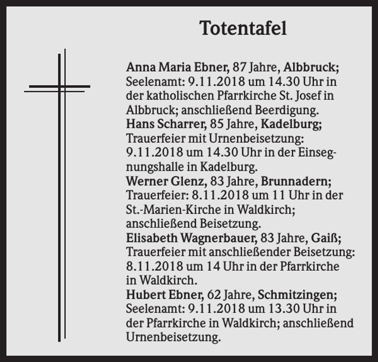 <p>Totentafel<br />Anna Maria Ebner, 87 Jahre, Albbruck;<br />Seelenamt: 9.11.2018 um 14.30 Uhr in<br />der katholischen Pfarrkirche St. Josef in<br />Albbruck; anschließend Beerdigung.<br />Hans Scharrer, 85 Jahre, Kadelburg;<br />Trauerfeier mit Urnenbeisetzung:<br />9.11.2018 um 14.30 Uhr in der Einsegnungshalle in Kadelburg.<br />Werner Glenz, 83 Jahre, Brunnadern;<br />Trauerfeier: 8.11.2018 um 11 Uhr in der<br />St.-Marien-Kirche in Waldkirch;<br />anschließend Beisetzung.<br />Elisabeth Wagnerbauer, 83 Jahre, Gaiß;<br />Trauerfeier mit anschließender Beisetzung:<br />8.11.2018 um 14 Uhr in der Pfarrkirche<br />in Waldkirch.<br />Hubert Ebner, 62 Jahre, Schmitzingen;<br />Seelenamt: 9.11.2018 um 13.30 Uhr in<br />der Pfarrkirche in Waldkirch; anschließend<br />Urnenbeisetzung.</p>