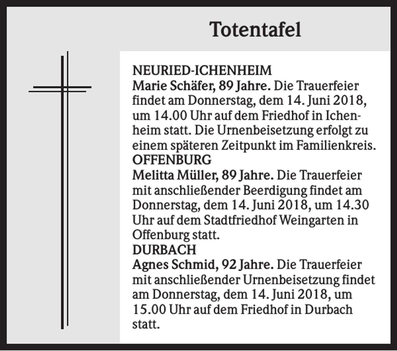<p>Totentafel<br />NEURIED-ICHENHEIM<br />Marie Schäfer, 89 Jahre. Die Trauerfeier<br />findet am Donnerstag, dem 14. Juni 2018,<br />um 14.00 Uhr auf dem Friedhof in Ichenheim statt. Die Urnenbeisetzung erfolgt zu<br />einem späteren Zeitpunkt im Familienkreis.<br />OFFENBURG<br />Melitta Müller, 89 Jahre. Die Trauerfeier<br />mit anschließender Beerdigung findet am<br />Donnerstag, dem 14. Juni 2018, um 14.30<br />Uhr auf dem Stadtfriedhof Weingarten in<br />Offenburg statt.<br />DURBACH<br />Agnes Schmid, 92 Jahre. Die Trauerfeier<br />mit anschließender Urnenbeisetzung findet<br />am Donnerstag, dem 14. Juni 2018, um<br />15.00 Uhr auf dem Friedhof in Durbach<br />statt.</p>