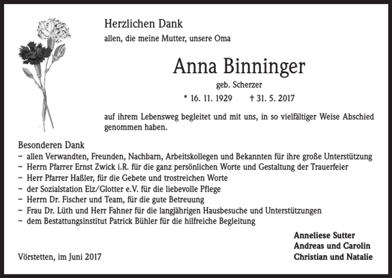 <p>Herzlichen Dank<br />allen, die meine Mutter, unsere Oma</p><p>Anna Binninger<br />geb. Scherzer<br />* 16. 11. 1929 † 31. 5. 2017<br />auf ihrem Lebensweg begleitet und mit uns, in so vielfältiger Weise Abschied<br />genommen haben.</p><p>Besonderen Dank</p><p>– allen Verwandten, Freunden, Nachbarn, Arbeitskollegen und Bekannten für ihre große Unterstützung<br />– Herrn Pfarrer Ernst Zwick i.R. für die ganz persönlichen Worte und Gestaltung der Trauerfeier<br />– Herr Pfarrer Haßler, für die Gebete und trostreichen Worte<br />– der Sozialstation Elz/Glotter e.V. für die liebevolle Pflege<br />– Herrn Dr. Fischer und Team, für die gute Betreuung<br />– Frau Dr. Lüth und Herr Fahner für die langjährigen Hausbesuche und Unterstützungen<br />– dem Bestattungsinstitut Patrick Bühler für die hilfreiche Begleitung</p><p>Vörstetten, im Juni 2017</p><p>Anneliese Sutter<br />Andreas und Carolin<br />Christian und Natalie</p>