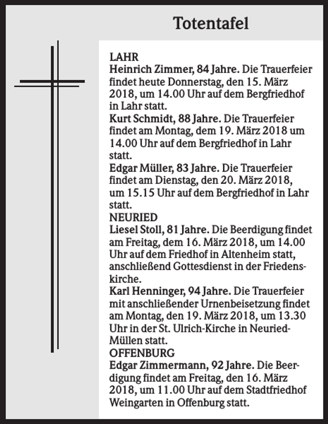 <p>Totentafel<br />LAHR<br />Heinrich Zimmer, 84 Jahre. Die Trauerfeier<br />findet heute Donnerstag, den 15. März<br />2018, um 14.00 Uhr auf dem Bergfriedhof<br />in Lahr statt.<br />Kurt Schmidt, 88 Jahre. Die Trauerfeier<br />findet am Montag, dem 19. März 2018 um<br />14.00 Uhr auf dem Bergfriedhof in Lahr<br />statt.<br />Edgar Müller, 83 Jahre. Die Trauerfeier<br />findet am Dienstag, den 20. März 2018,<br />um 15.15 Uhr auf dem Bergfriedhof in Lahr<br />statt.<br />NEURIED<br />Liesel Stoll, 81 Jahre. Die Beerdigung findet<br />am Freitag, dem 16. März 2018, um 14.00<br />Uhr auf dem Friedhof in Altenheim statt,<br />anschließend Gottesdienst in der Friedenskirche.<br />Karl Henninger, 94 Jahre. Die Trauerfeier<br />mit anschließender Urnenbeisetzung findet<br />am Montag, den 19. März 2018, um 13.30<br />Uhr in der St. Ulrich-Kirche in NeuriedMüllen statt.<br />OFFENBURG<br />Edgar Zimmermann, 92 Jahre. Die Beerdigung findet am Freitag, den 16. März<br />2018, um 11.00 Uhr auf dem Stadtfriedhof<br />Weingarten in Offenburg statt.</p>