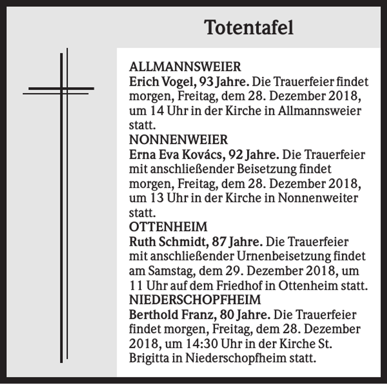 <p>Totentafel<br />ALLMANNSWEIER<br />Erich Vogel, 93 Jahre. Die Trauerfeier findet<br />morgen, Freitag, dem 28. Dezember 2018,<br />um 14 Uhr in der Kirche in Allmannsweier<br />statt.<br />NONNENWEIER<br />Erna Eva Kovács, 92 Jahre. Die Trauerfeier<br />mit anschließender Beisetzung findet<br />morgen, Freitag, dem 28. Dezember 2018,<br />um 13 Uhr in der Kirche in Nonnenweiter<br />statt.<br />OTTENHEIM<br />Ruth Schmidt, 87 Jahre. Die Trauerfeier<br />mit anschließender Urnenbeisetzung findet<br />am Samstag, dem 29. Dezember 2018, um<br />11 Uhr auf dem Friedhof in Ottenheim statt.<br />NIEDERSCHOPFHEIM<br />Berthold Franz, 80 Jahre. Die Trauerfeier<br />findet morgen, Freitag, dem 28. Dezember<br />2018, um 14:30 Uhr in der Kirche St.<br />Brigitta in Niederschopfheim statt.</p>