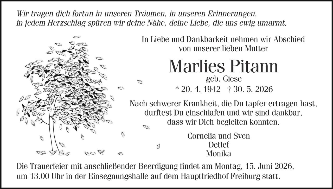 <p><i>Wir tragen dich fortan in unseren Träumen, in unseren Erinnerungen, in jedem Herzschlag spüren wir deine Nähe, deine Liebe, die uns ewig umarmt.</i></p>

<p>In Liebe und Dankbarkeit nehmen wir Abschied von unserer lieben Mutter</p>

<p><strong>Marlies Pitann</strong><br/>geb. Giese<br/>* 20. 4. 1942  † 30. 5. 2026</p>

<p>Nach schwerer Krankheit, die Du tapfer ertragen hast, durftest Du einschlafen und wir sind dankbar, dass wir Dich begleiten konnten.</p>

<p>Cornelia und Sven<br/>Detlef<br/>Monika</p>

<p>Die Trauerfeier mit anschließender Beerdigung findet am Montag, 15. Juni 2026, um 13.00 Uhr in der Einsegnungshalle auf dem Hauptfriedhof Freiburg statt.</p>