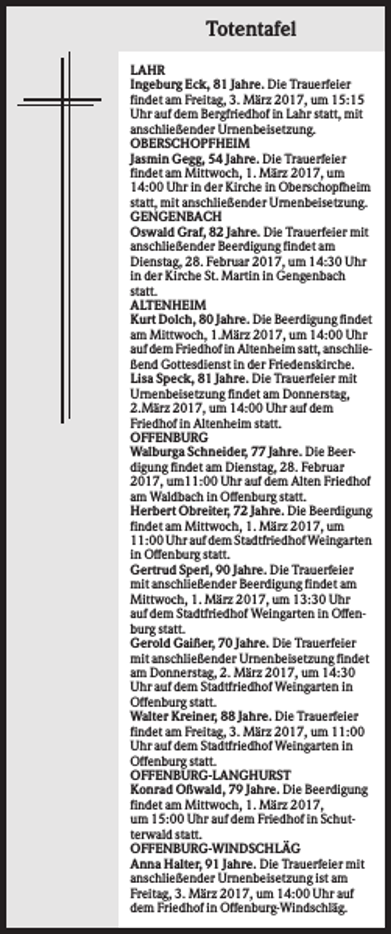 <p>Totentafel<br />LAHR<br />Ingeburg Eck, 81 Jahre. Die Trauerfeier<br />findet am Freitag, 3. März 2017, um 15:15<br />Uhr auf dem Bergfriedhof in Lahr statt, mit<br />anschließender Urnenbeisetzung.<br />OBERSCHOPFHEIM<br />Jasmin Gegg, 54 Jahre. Die Trauerfeier<br />findet am Mittwoch, 1. März 2017, um<br />14:00 Uhr in der Kirche in Oberschopfheim<br />statt, mit anschließender Urnenbeisetzung.<br />GENGENBACH<br />Oswald Graf, 82 Jahre. Die Trauerfeier mit<br />anschließender Beerdigung findet am<br />Dienstag, 28. Februar 2017, um 14:30 Uhr<br />in der Kirche St. Martin in Gengenbach<br />statt.<br />ALTENHEIM<br />Kurt Dolch, 80 Jahre. Die Beerdigung findet<br />am Mittwoch, 1.März 2017, um 14:00 Uhr<br />auf dem Friedhof in Altenheim satt, anschließend Gottesdienst in der Friedenskirche.<br />Lisa Speck, 81 Jahre. Die Trauerfeier mit<br />Urnenbeisetzung findet am Donnerstag,<br />2.März 2017, um 14:00 Uhr auf dem<br />Friedhof in Altenheim statt.<br />OFFENBURG<br />Walburga Schneider, 77 Jahre. Die Beerdigung findet am Dienstag, 28. Februar<br />2017, um11:00 Uhr auf dem Alten Friedhof<br />am Waldbach in Offenburg statt.<br />Herbert Obreiter, 72 Jahre. Die Beerdigung<br />findet am Mittwoch, 1. März 2017, um<br />11:00 Uhr auf dem Stadtfriedhof Weingarten<br />in Offenburg statt.<br />Gertrud Sperl, 90 Jahre. Die Trauerfeier<br />mit anschließender Beerdigung findet am<br />Mittwoch, 1. März 2017, um 13:30 Uhr<br />auf dem Stadtfriedhof Weingarten in Offenburg statt.<br />Gerold Gaißer, 70 Jahre. Die Trauerfeier<br />mit anschließender Urnenbeisetzung findet<br />am Donnerstag, 2. März 2017, um 14:30<br />Uhr auf dem Stadtfriedhof Weingarten in<br />Offenburg statt.<br />Walter Kreiner, 88 Jahre. Die Trauerfeier<br />findet am Freitag, 3. März 2017, um 11:00<br />Uhr auf dem Stadtfriedhof Weingarten in<br />Offenburg statt.<br />OFFENBURG-LANGHURST<br />Konrad Oßwald, 79 Jahre. Die Beerdigung<br />findet am Mittwoch, 1. März 2017,<br />um 15:00 Uhr auf dem Friedhof in Schutterwald statt.<br />OFFENBURG-WINDSCHLÄG<br />Anna Halter, 91 Jahre. Die Trauerfeier mit<br />anschließender Urnenbeisetzung ist am<br />Freitag, 3. März 2017, um 14:00 Uhr auf<br />dem Friedhof in Offenburg-Windschläg.</p>