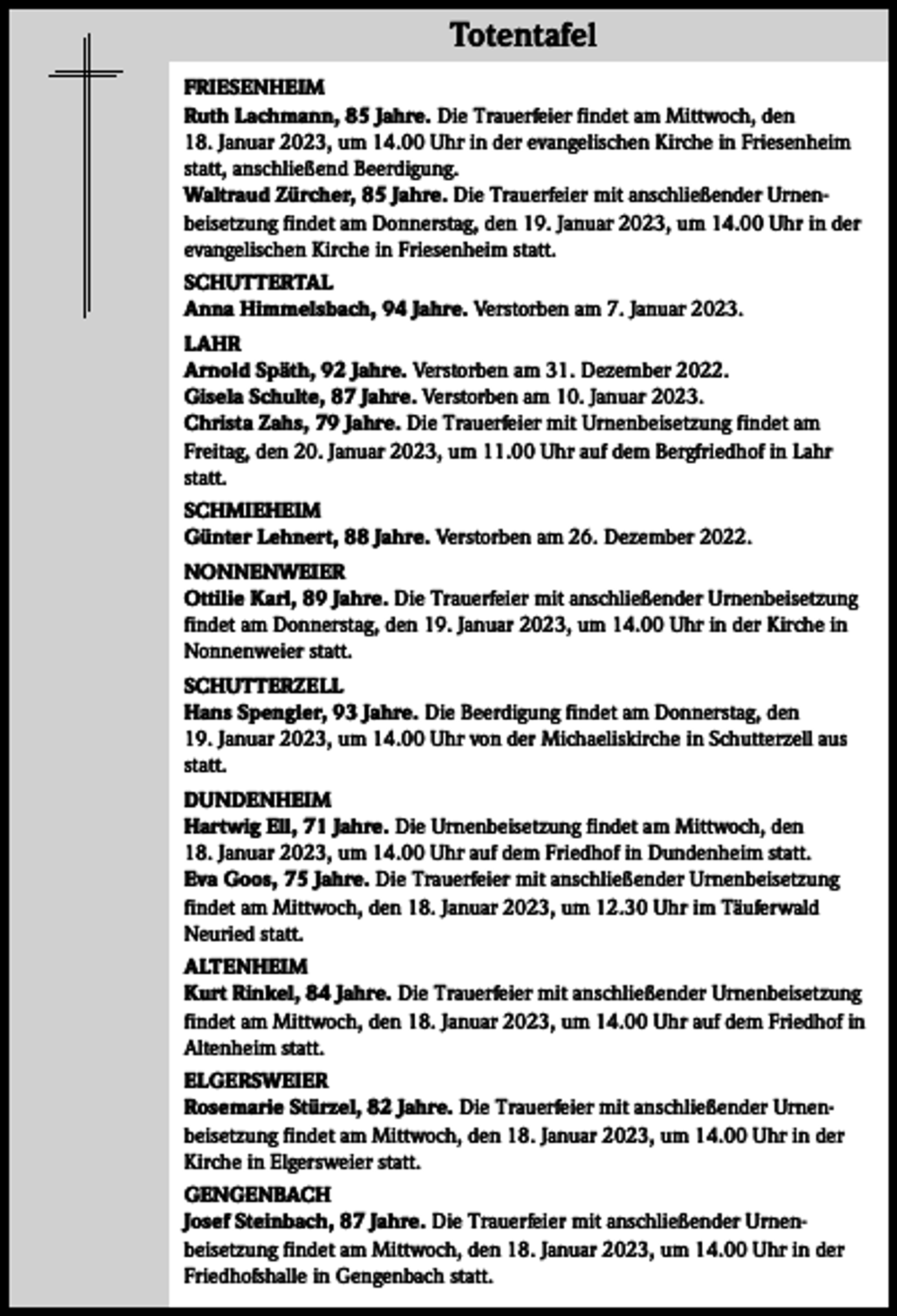 <p>Totentafel Totentafel<br />FRIESENHEIM<br />Ruth Lachmann, 85 Jahre. Die Trauerfeier findet am Mittwoch, den<br />18. Januar 2023, um 14.00 Uhr in der evangelischen Kirche in Friesenheim<br />statt, anschließend Beerdigung.<br />Waltraud Zürcher, 85 Jahre. Die Trauerfeier mit anschließender Urnen­<br />beisetzung findet am Donnerstag, den 19. Januar 2023, um 14.00 Uhr in der<br />evangelischen Kirche in Friesenheim statt.<br />SCHUTTERTAL<br />Anna Himmelsbach, 94 Jahre. Verstorben am 7. Januar 2023.<br />LAHR<br />Arnold Späth, 92 Jahre. Verstorben am 31. Dezember 2022.<br />Gisela Schulte, 87 Jahre. Verstorben am 10. Januar 2023.<br />Christa Zahs, 79 Jahre. Die Trauerfeier mit Urnenbeisetzung findet am<br />Freitag, den 20. Januar 2023, um 11.00 Uhr auf dem Bergfriedhof in Lahr<br />statt.<br />SCHMIEHEIM<br />Günter Lehnert, 88 Jahre. Verstorben am 26. Dezember 2022.<br />NONNENWEIER<br />Ottilie Karl, 89 Jahre. Die Trauerfeier mit anschließender Urnenbeisetzung<br />findet am Donnerstag, den 19. Januar 2023, um 14.00 Uhr in der Kirche in<br />Nonnenweier statt.<br />SCHUTTERZELL<br />Hans Spengler, 93 Jahre. Die Beerdigung findet am Donnerstag, den<br />19. Januar 2023, um 14.00 Uhr von der Michaeliskirche in Schutterzell aus<br />statt.<br />DUNDENHEIM<br />Hartwig Ell, 71 Jahre. Die Urnenbeisetzung findet am Mittwoch, den<br />18. Januar 2023, um 14.00 Uhr auf dem Friedhof in Dundenheim statt.<br />Eva Goos, 75 Jahre. Die Trauerfeier mit anschließender Urnenbeisetzung<br />findet am Mittwoch, den 18. Januar 2023, um 12.30 Uhr im Täuferwald<br />Neuried statt.<br />ALTENHEIM<br />Kurt Rinkel, 84 Jahre. Die Trauerfeier mit anschließender Urnenbeisetzung<br />findet am Mittwoch, den 18. Januar 2023, um 14.00 Uhr auf dem Friedhof in<br />Altenheim statt.<br />ELGERSWEIER<br />Rosemarie Stürzel, 82 Jahre. Die Trauerfeier mit anschließender Urnen­<br />beisetzung findet am Mittwoch, den 18. Januar 2023, um 14.00 Uhr in der<br />Kirche in Elgersweier statt.<br />GENGENBACH<br />Josef Steinbach, 87 Jahre. Die Trauerfeier mit anschließender Urnen­<br />beisetzung findet am Mittwoch, den 18. Januar 2023, um 14.00 Uhr in der<br />Friedhofshalle in Gengenbach statt.</p>