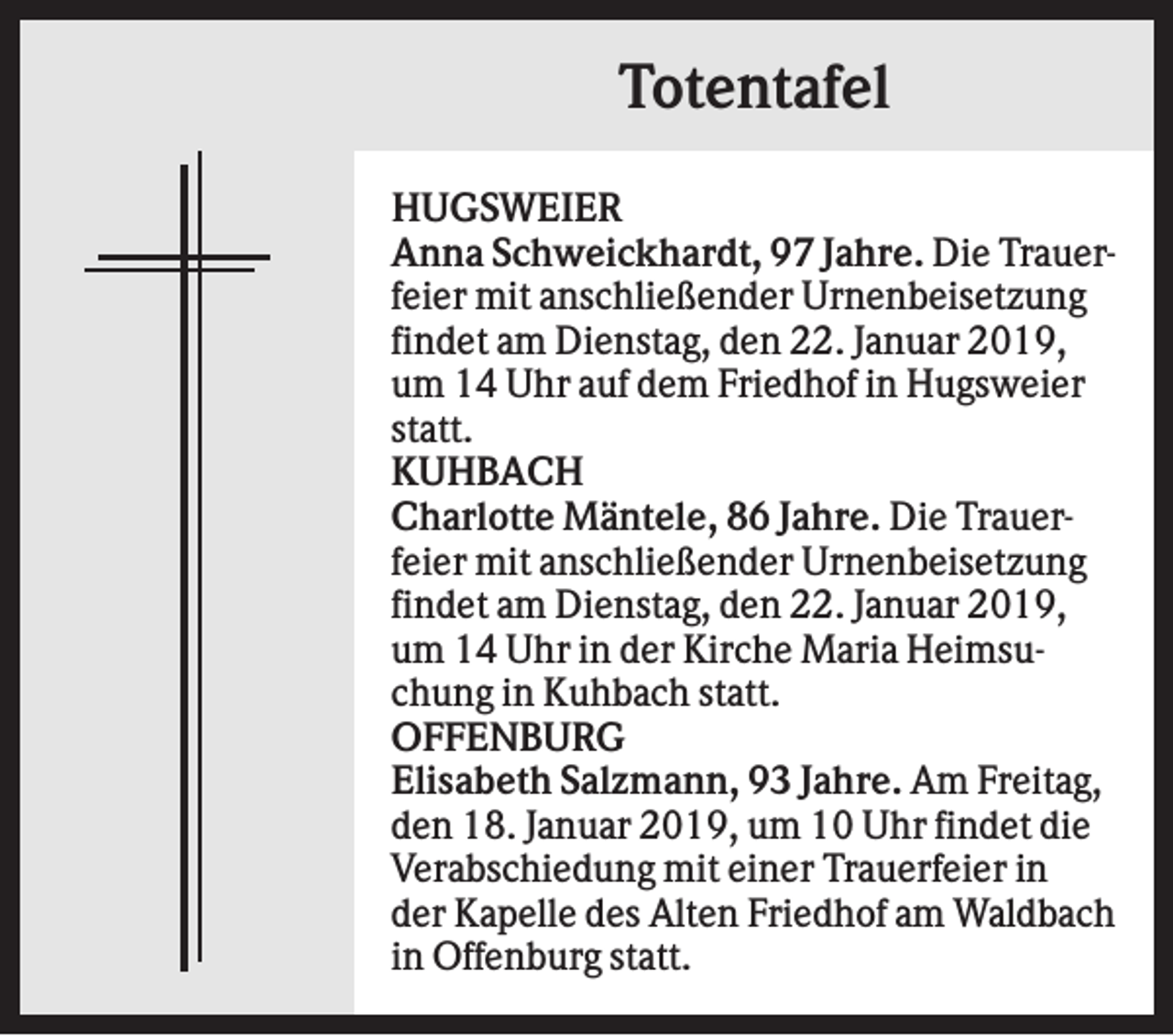 <p>Totentafel<br />HUGSWEIER<br />Anna Schweickhardt, 97 Jahre. Die Trauerfeier mit anschließender Urnenbeisetzung<br />findet am Dienstag, den 22. Januar 2019,<br />um 14 Uhr auf dem Friedhof in Hugsweier<br />statt.<br />KUHBACH<br />Charlotte Mäntele, 86 Jahre. Die Trauerfeier mit anschließender Urnenbeisetzung<br />findet am Dienstag, den 22. Januar 2019,<br />um 14 Uhr in der Kirche Maria Heimsuchung in Kuhbach statt.<br />OFFENBURG<br />Elisabeth Salzmann, 93 Jahre. Am Freitag,<br />den 18. Januar 2019, um 10 Uhr findet die<br />Verabschiedung mit einer Trauerfeier in<br />der Kapelle des Alten Friedhof am Waldbach<br />in Offenburg statt.</p>