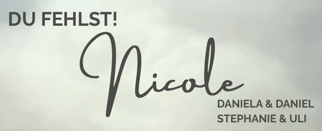 <p>DU FEHLST!</p><p>Nicole</p><p>DANIELA &amp; DANIEL<br />STEPHANIE &amp; ULI</p>
