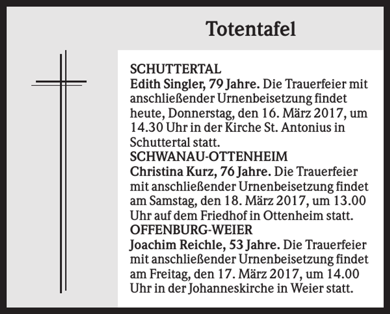 <p>Totentafel<br />SCHUTTERTAL<br />Edith Singler, 79 Jahre. Die Trauerfeier mit<br />anschließender Urnenbeisetzung findet<br />heute, Donnerstag, den 16. März 2017, um<br />14.30 Uhr in der Kirche St. Antonius in<br />Schuttertal statt.<br />SCHWANAU-OTTENHEIM<br />Christina Kurz, 76 Jahre. Die Trauerfeier<br />mit anschließender Urnenbeisetzung findet<br />am Samstag, den 18. März 2017, um 13.00<br />Uhr auf dem Friedhof in Ottenheim statt.<br />OFFENBURG-WEIER<br />Joachim Reichle, 53 Jahre. Die Trauerfeier<br />mit anschließender Urnenbeisetzung findet<br />am Freitag, den 17. März 2017, um 14.00<br />Uhr in der Johanneskirche in Weier statt.</p>